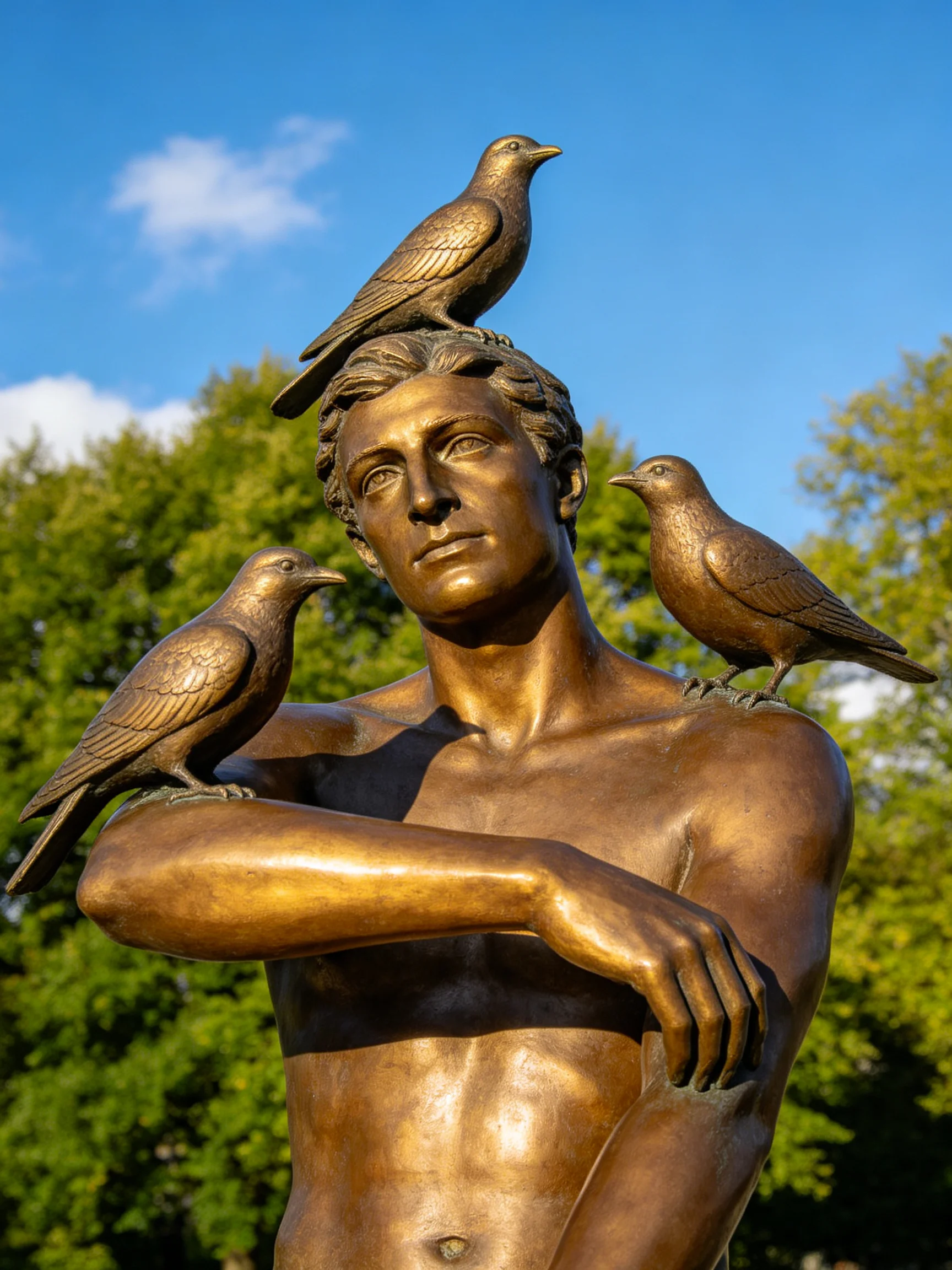 A golden statue of a man with three birds, set among green foliage
