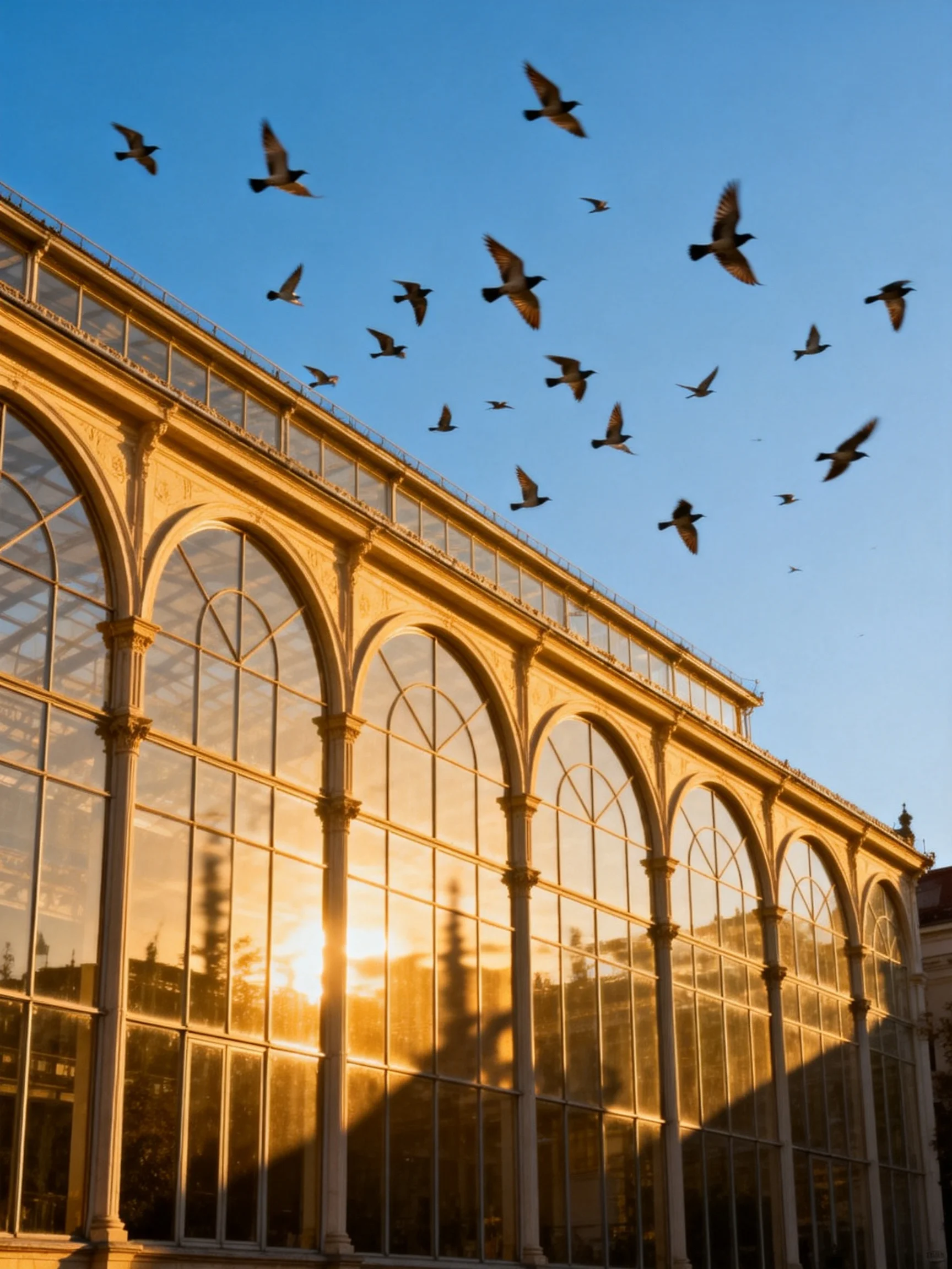 Many birds fly near a grand glass-paneled building illuminated by golden sunset.