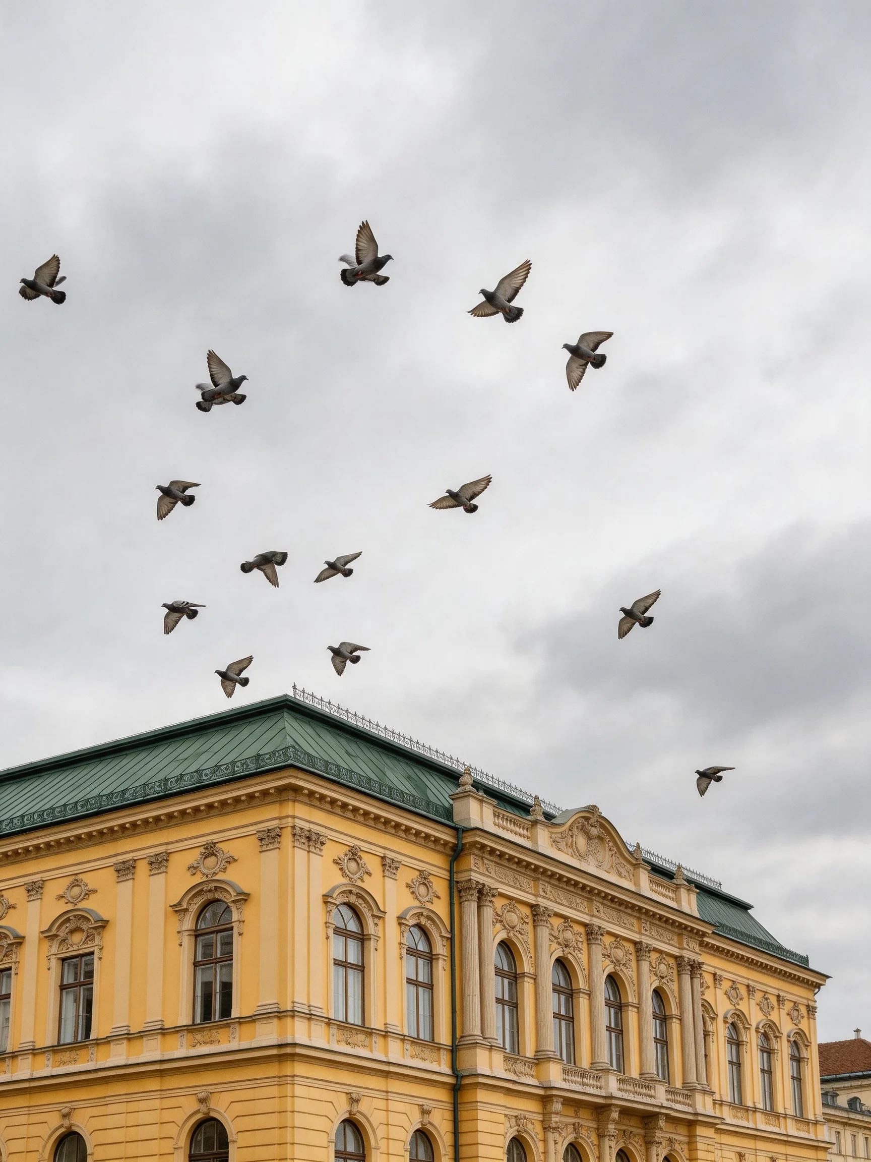 A grand yellow building with numerous pigeons flying under an overcast sky