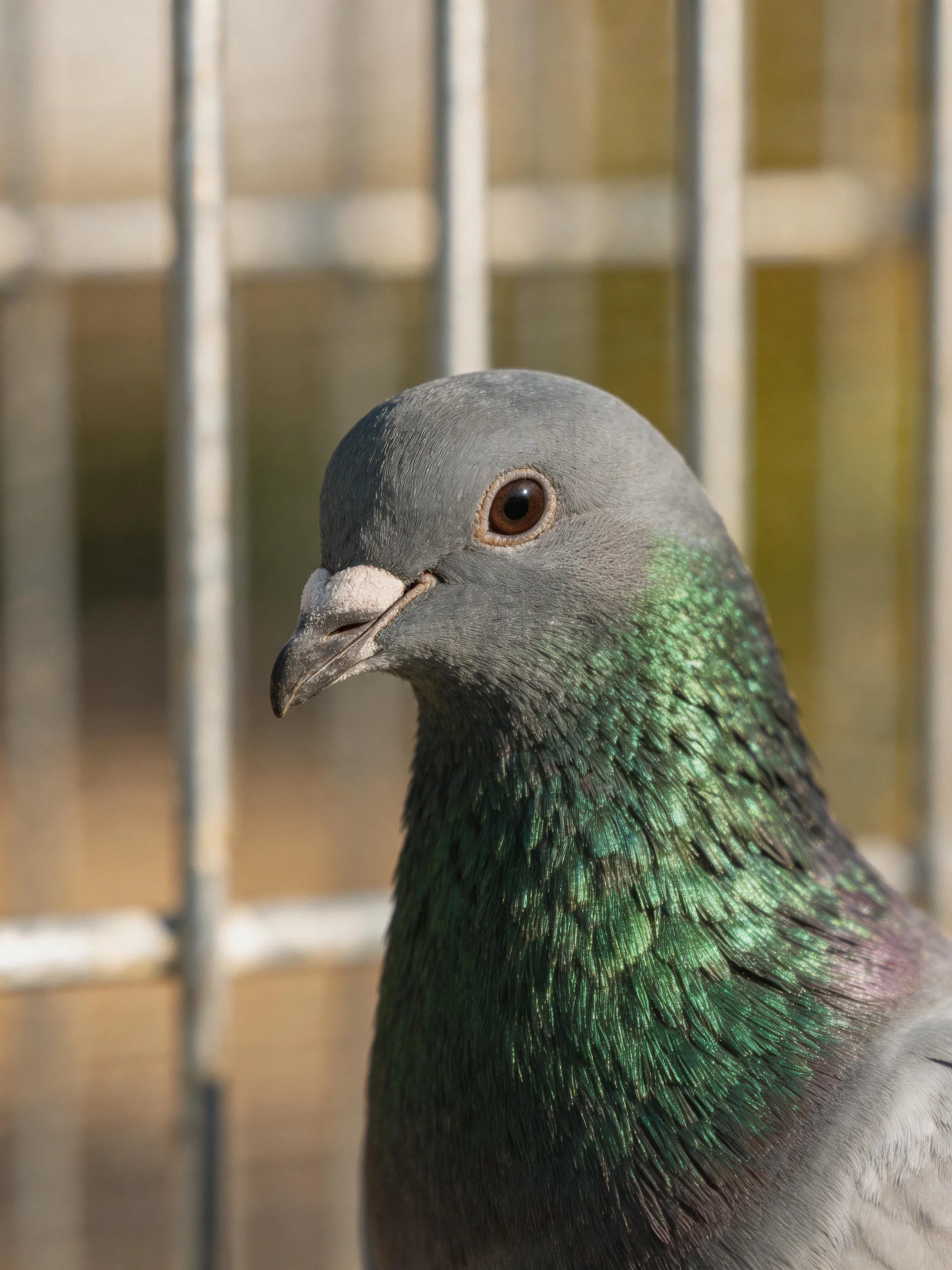 A gray - headed pigeon with iridescent green neck feathers