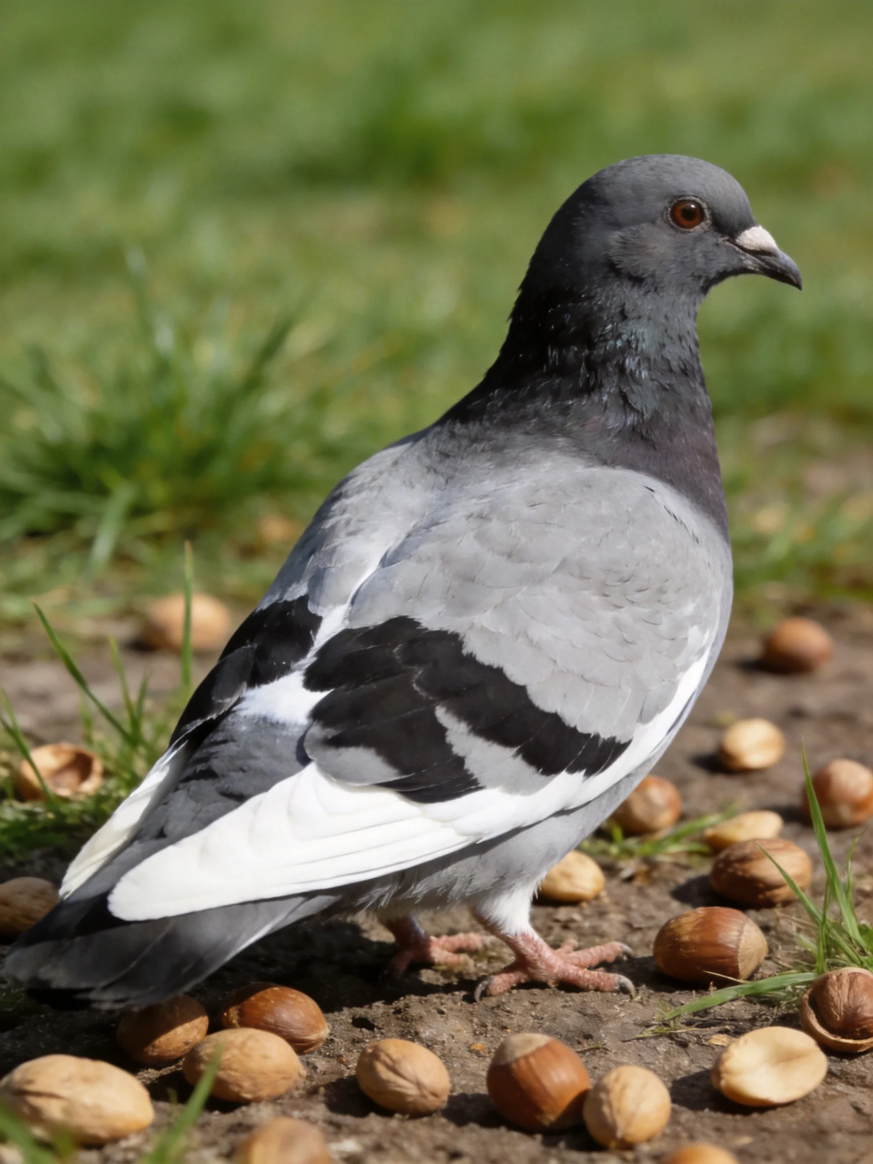 A gray and black pigeon amid scattered brown nuts on earthy ground