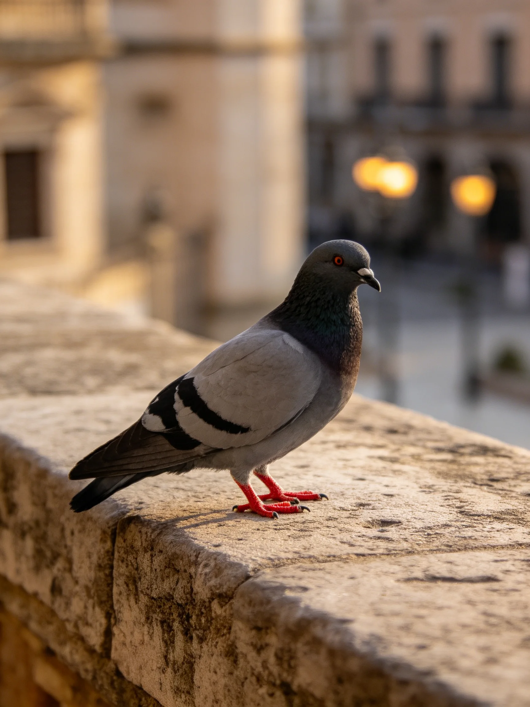 A gray and black pigeon perched on an aged stone ledge
