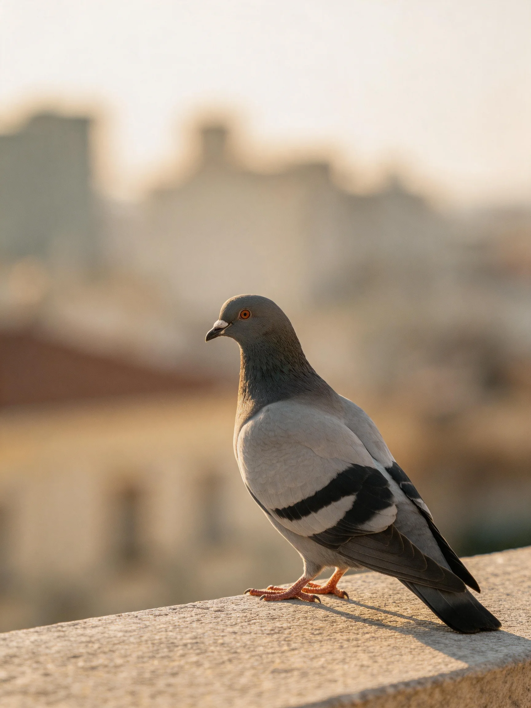 A gray and black pigeon perches on a stone ledge amid blurred buildings