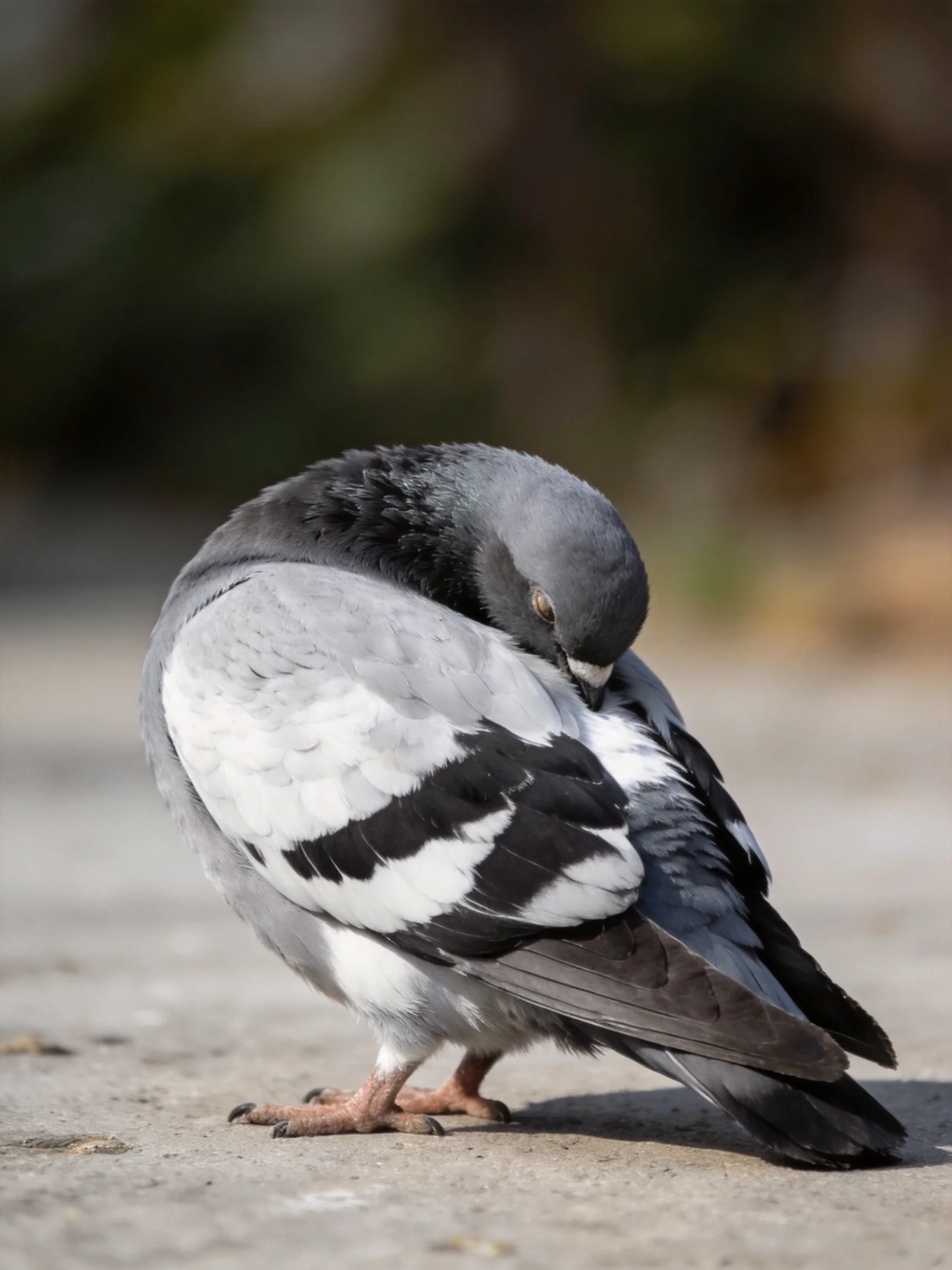 A gray and black pigeon preening on a smooth concrete surface