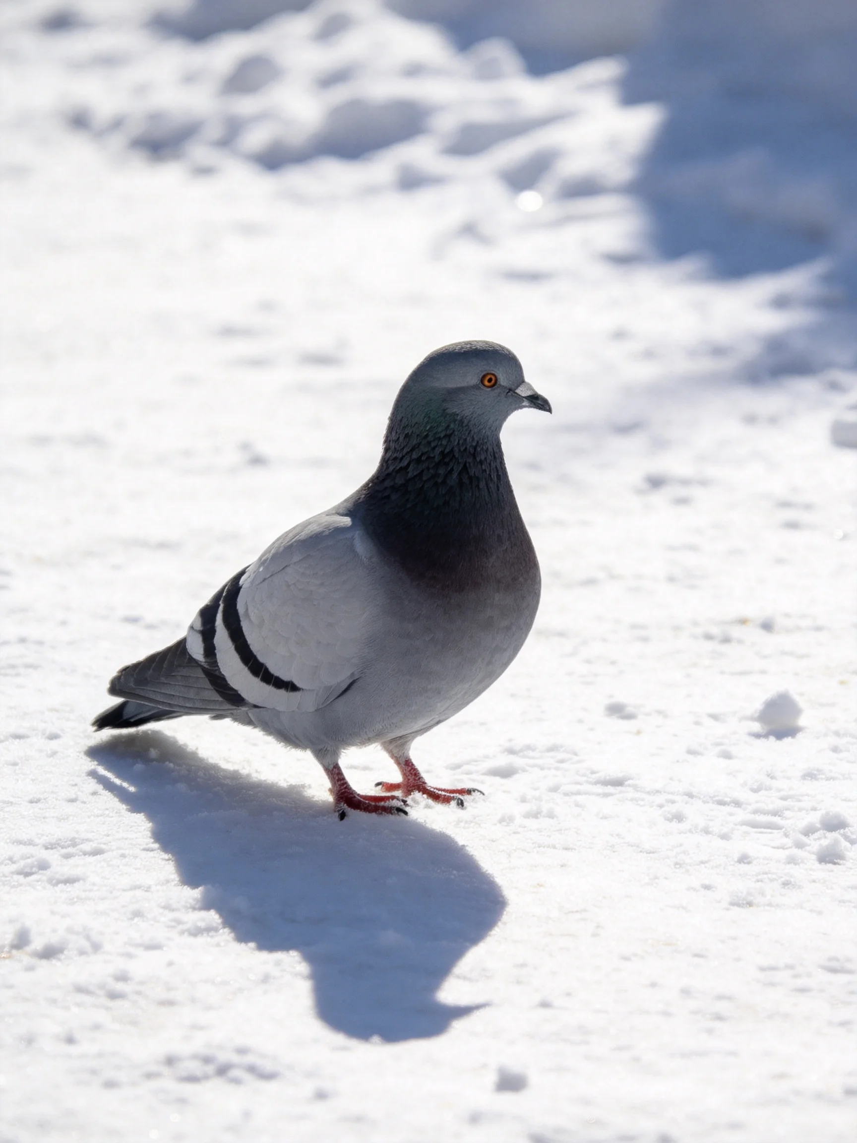 A pigeon with gray and black plumage moves across snowy ground.