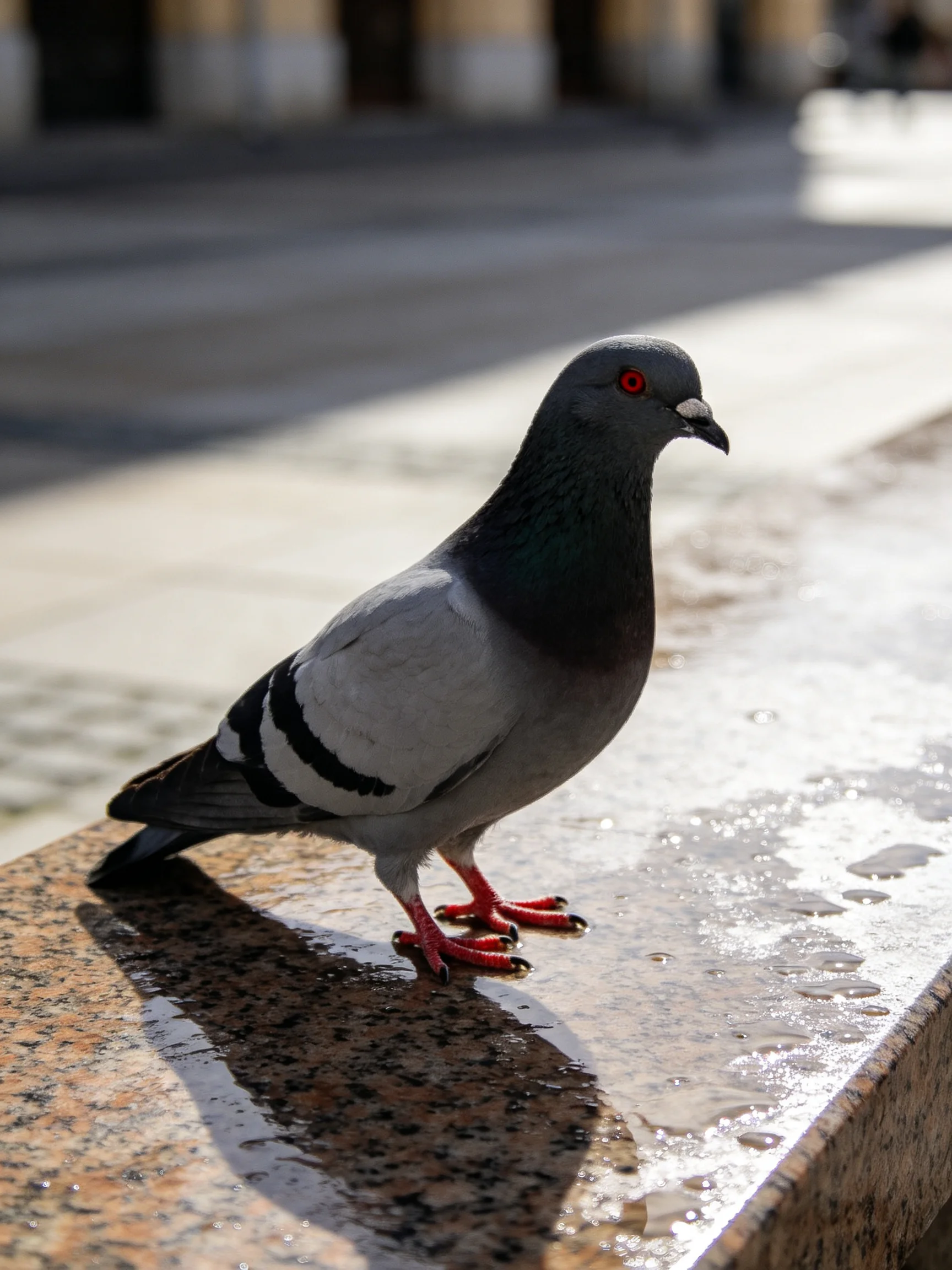 A pigeon with red eyes stands on a wet stone ledge in bright daylight.
