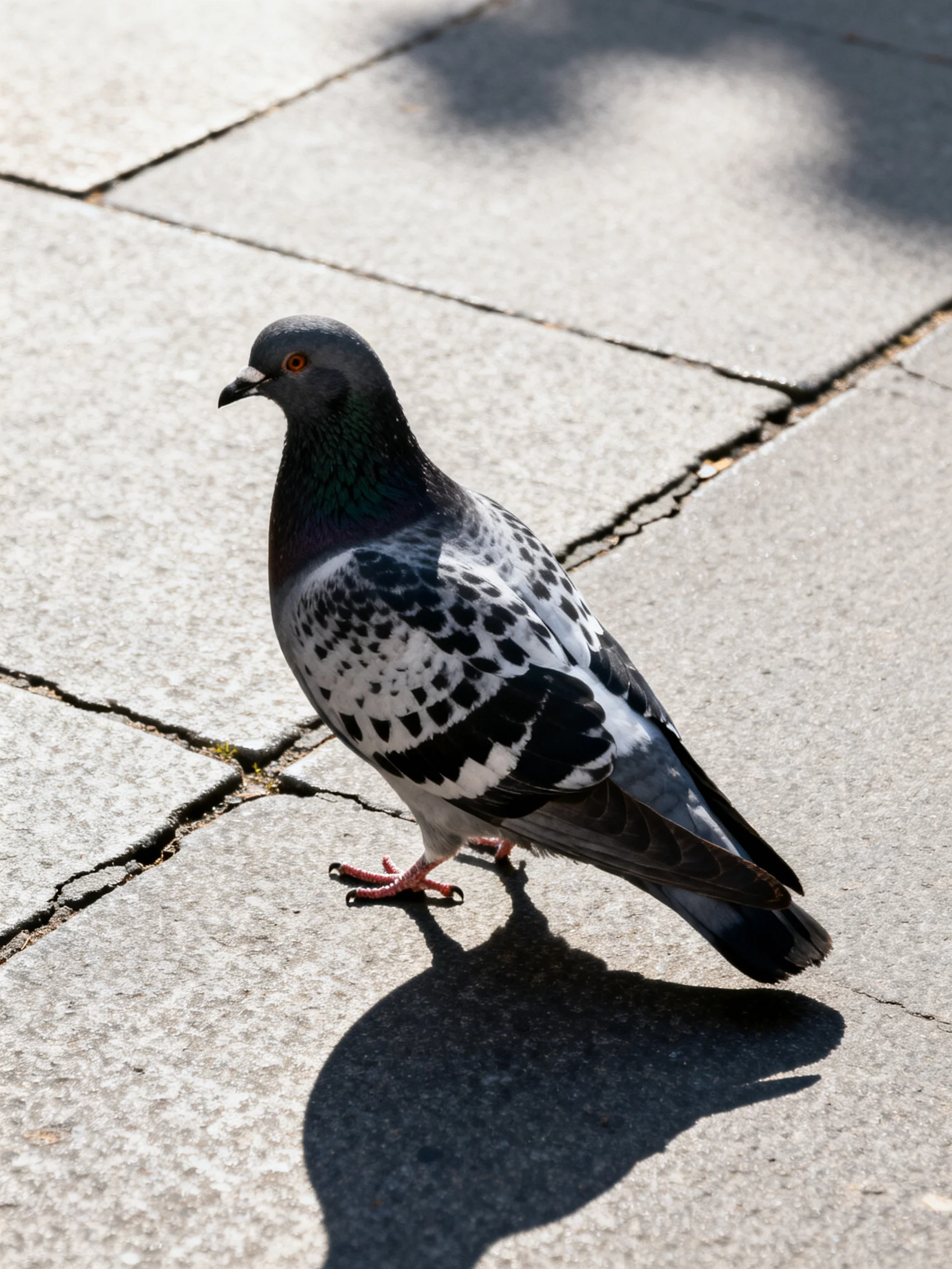 A gray and black speckled pigeon on cracked stone pavement