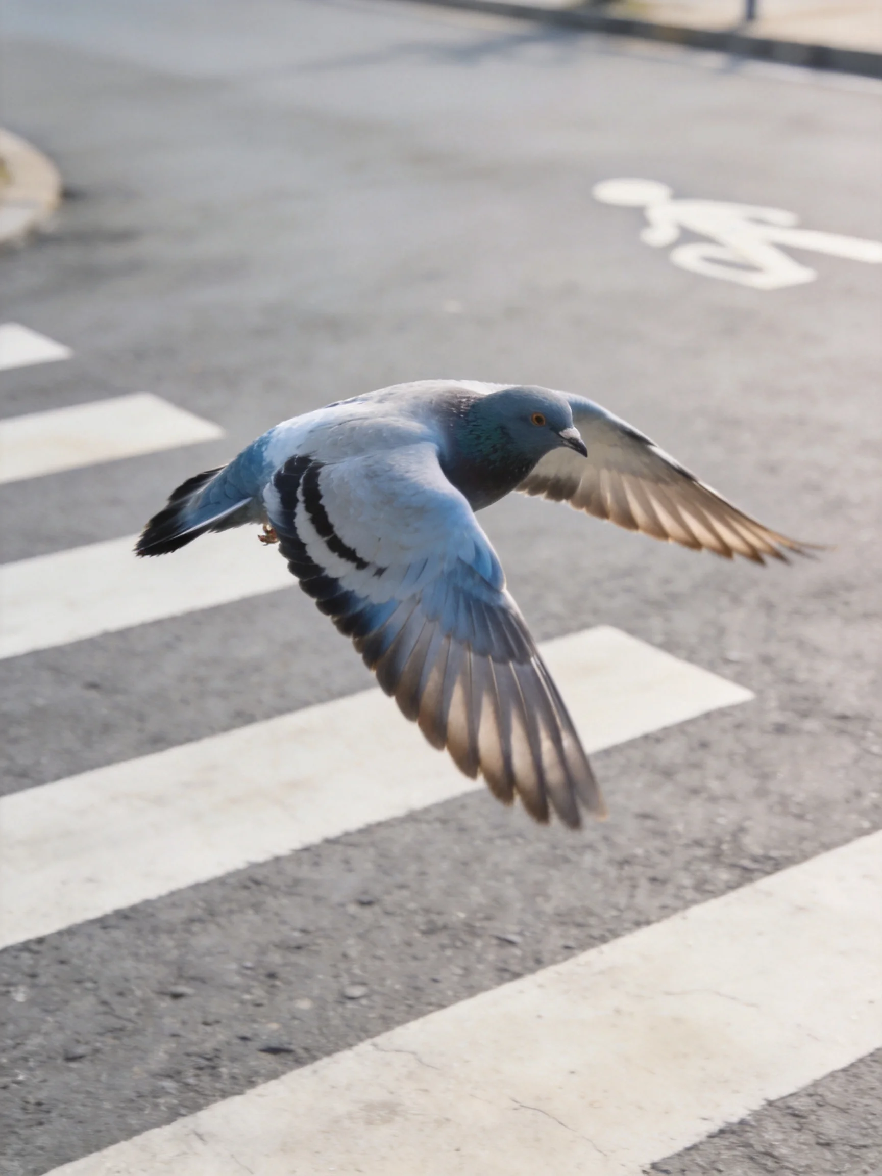 A gray and blue pigeon flies over a crosswalk with white markings