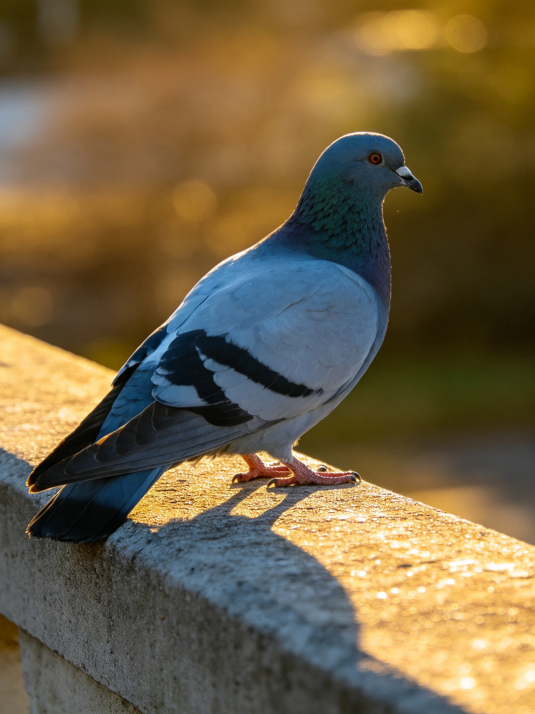 A gray and blue pigeon perches on a textured concrete ledge in golden light
