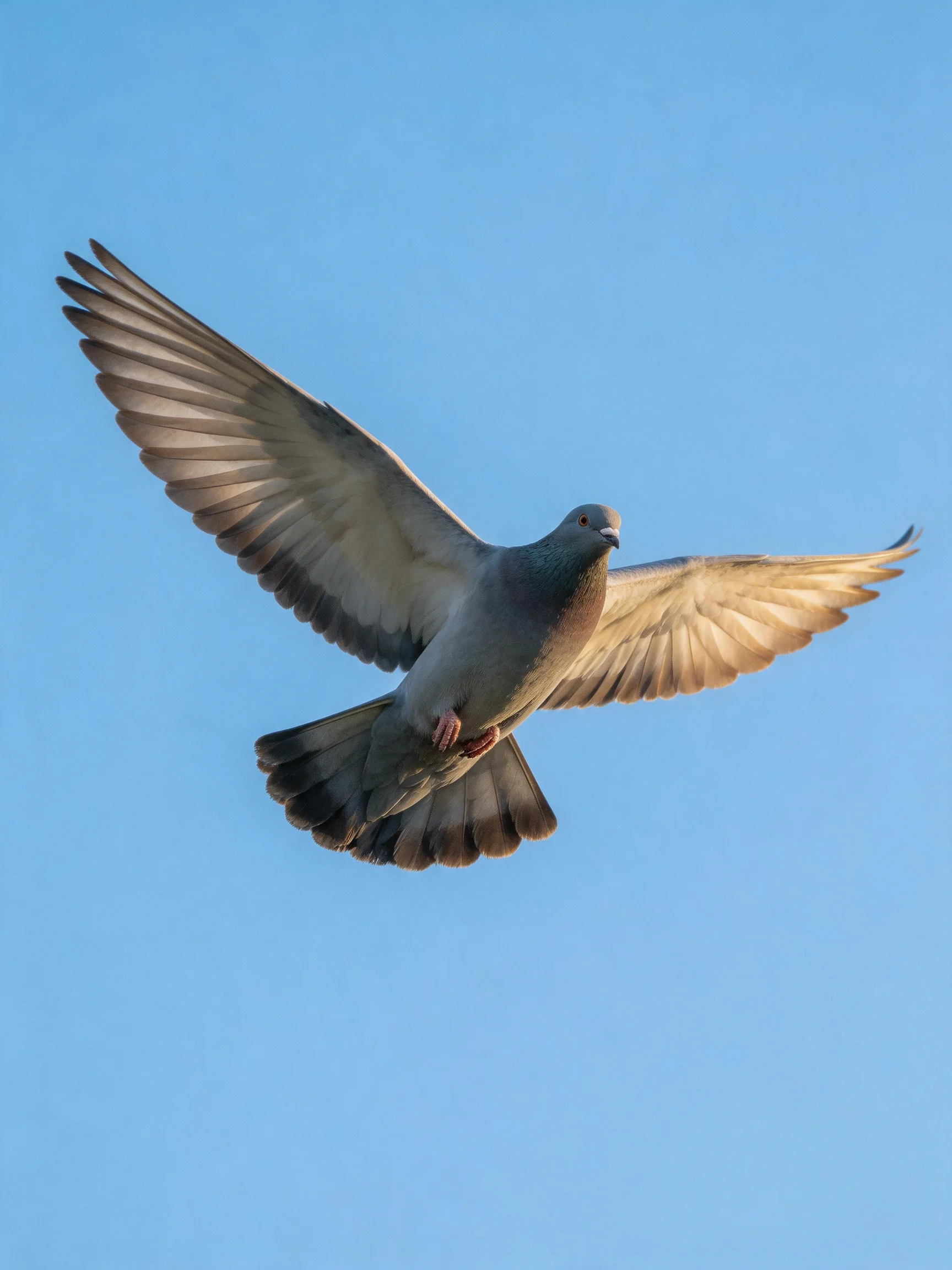 A gray and brown pigeon flies through clear blue sky