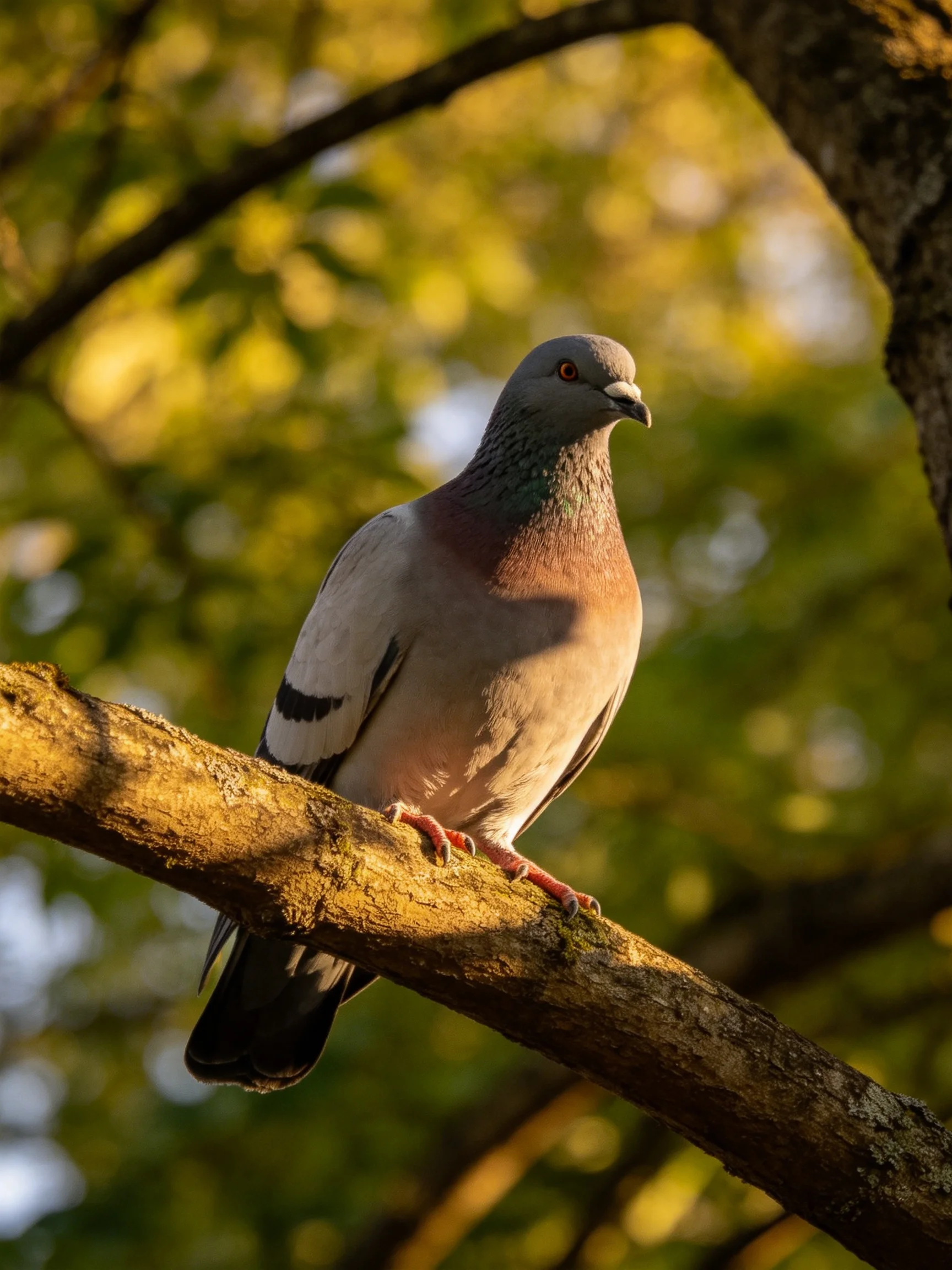 A pigeon rests on a tree branch amid green foliage.