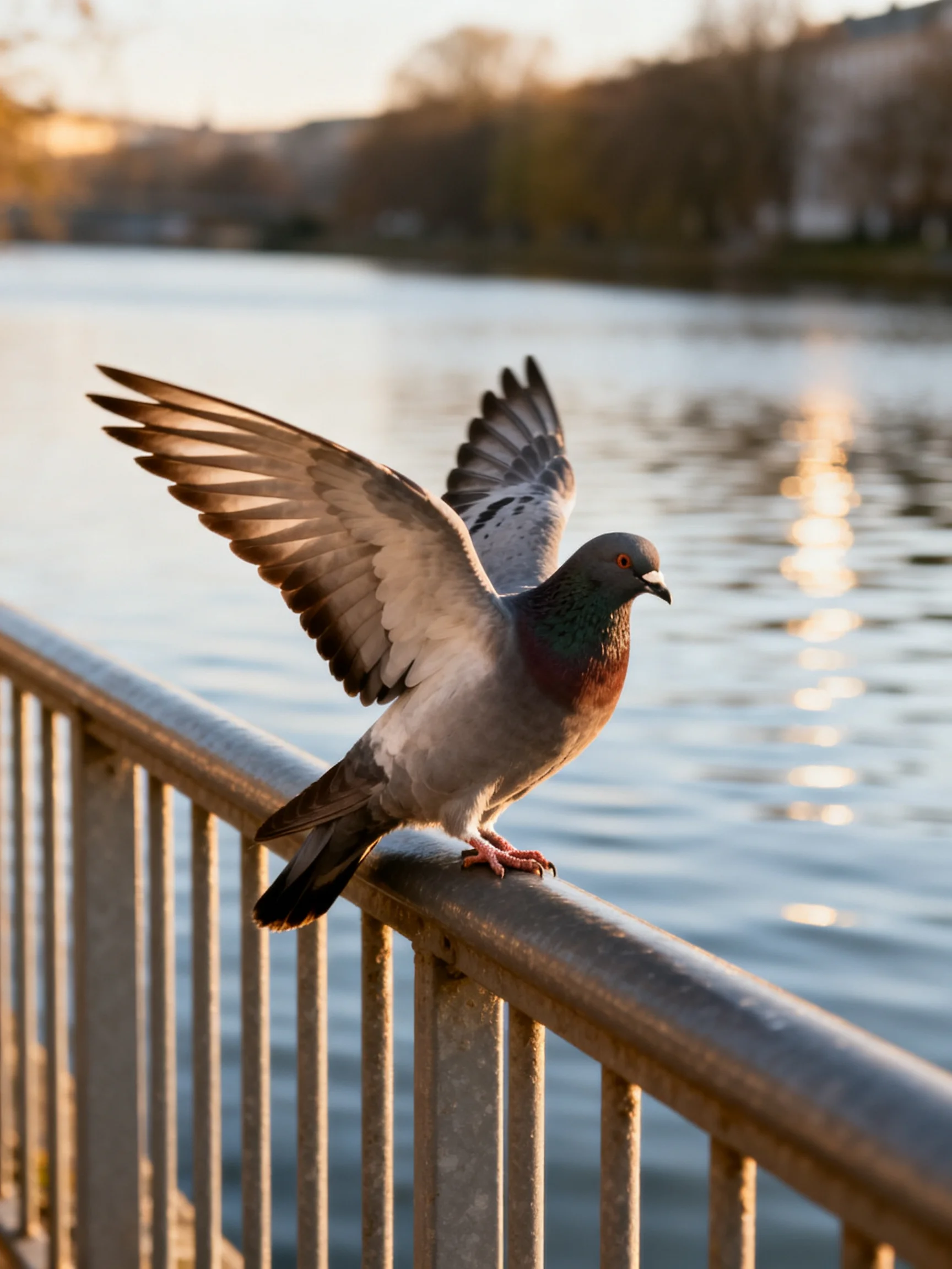 A gray and brown pigeon spreads wings on a metal railing by calm water