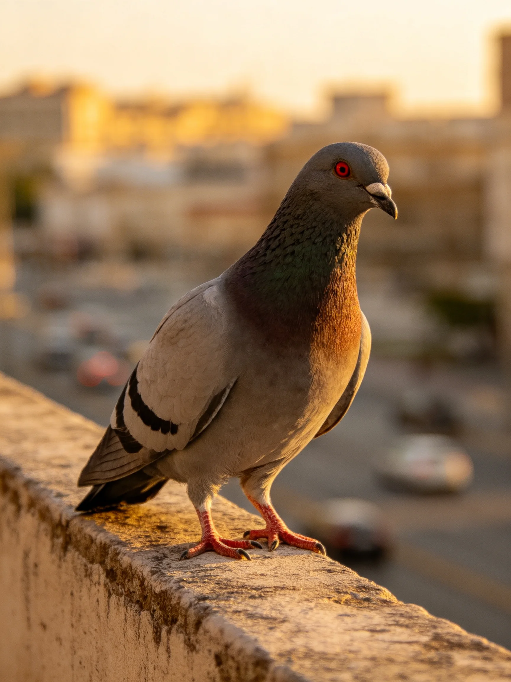 A pigeon with red eyes stands on a concrete ledge near an urban area.