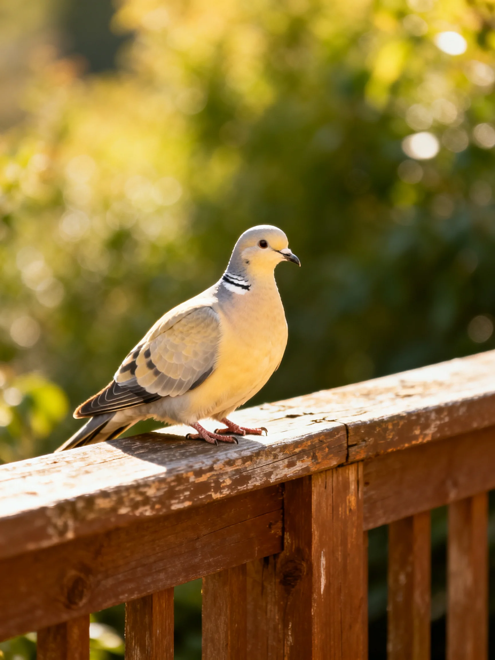 A gray and cream dove perched on a weathered wooden railing