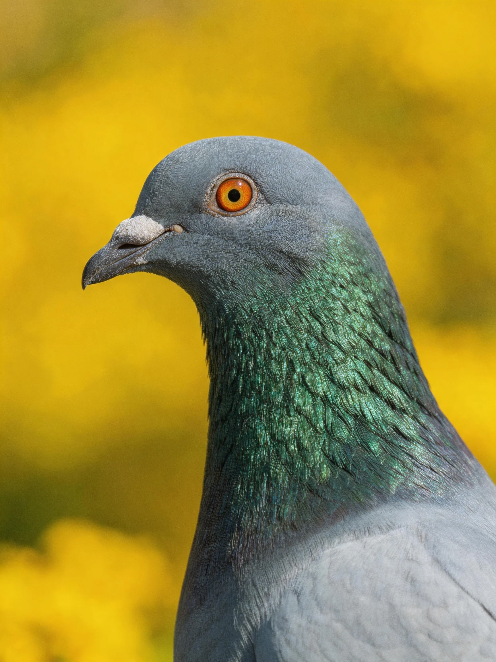 A gray and emerald-feathered pigeon against a bright yellow backdrop