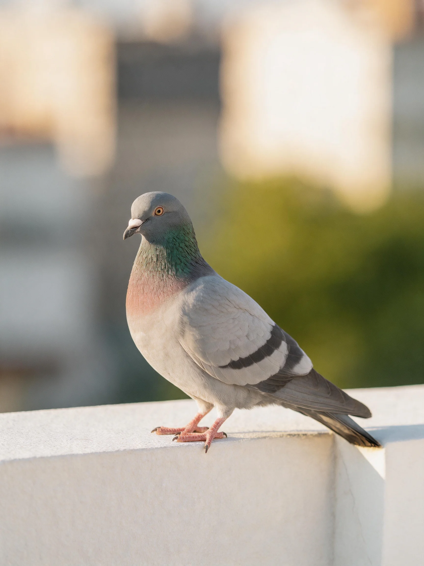 A gray and green-feathered pigeon perches on a white structure