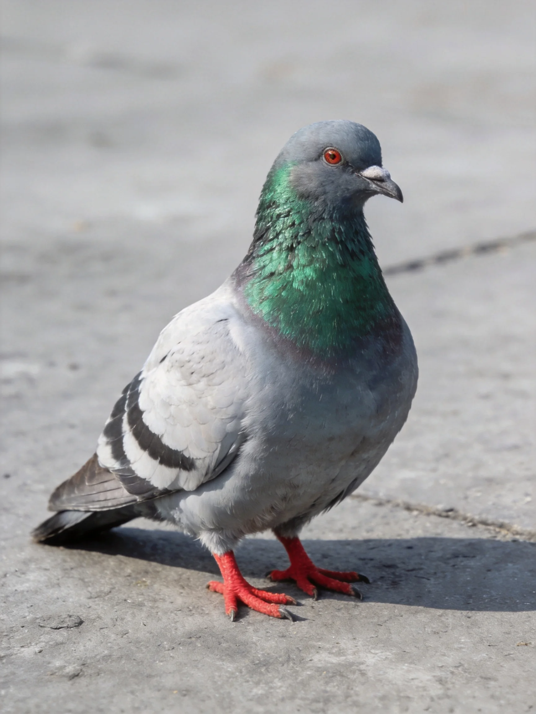 A gray and green-feathered pigeon with bright red feet on concrete pavement