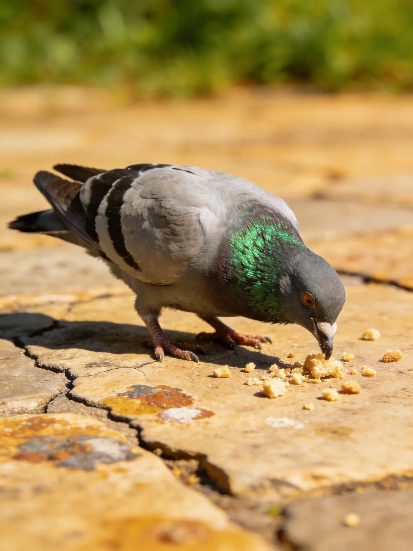 A gray and green pigeon pecking crumbs on a cracked stone path