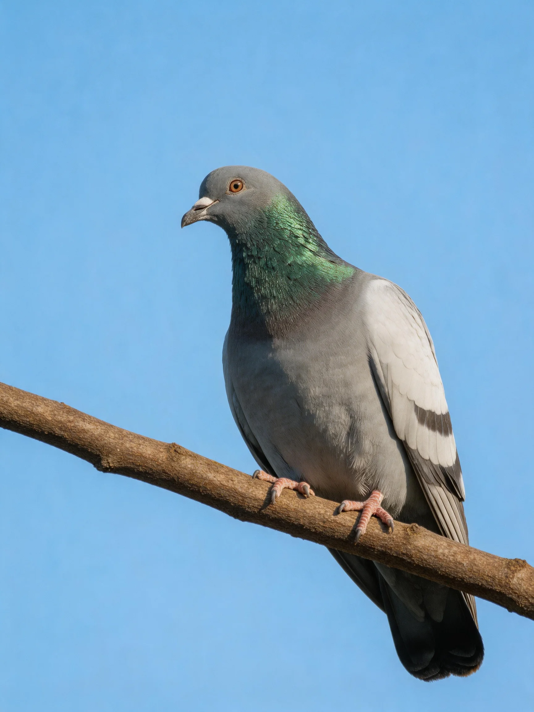 A gray and green pigeon rests on a brown branch beneath a clear blue sky.