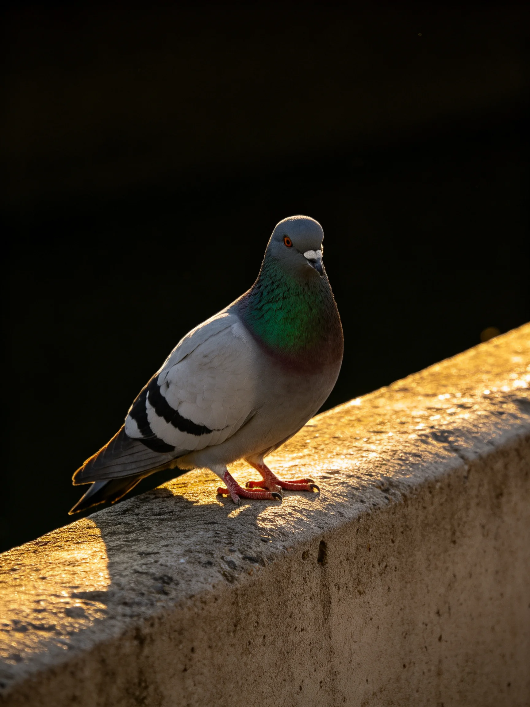 A pigeon with multicolored plumage rests on a sunlit concrete edge.