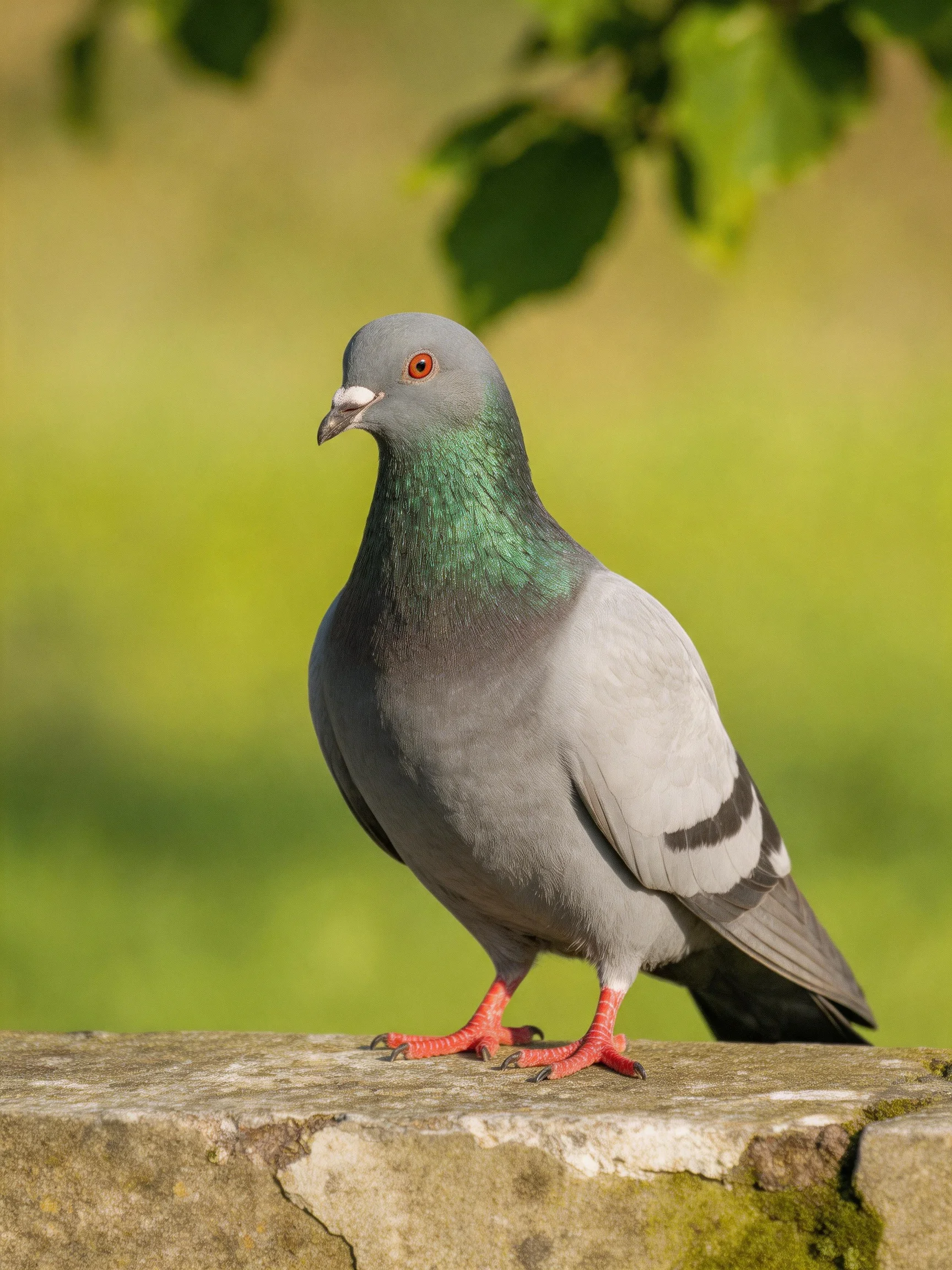 A gray and green pigeon perched on a weathered stone ledge