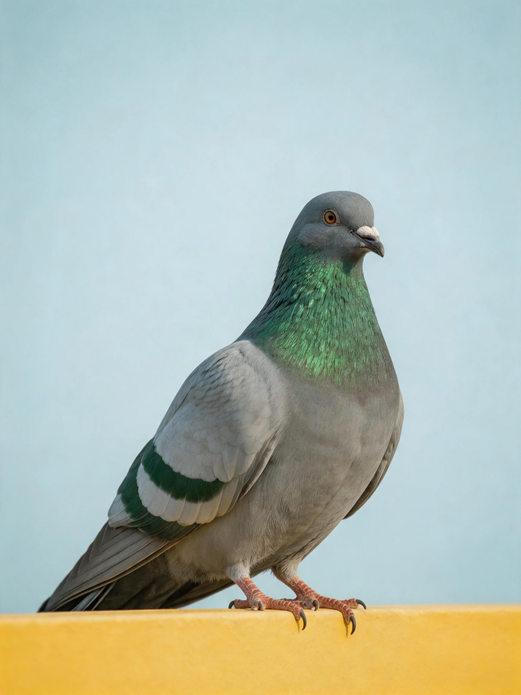 A gray and green pigeon rests on a yellow ledge with a clear sky behind.