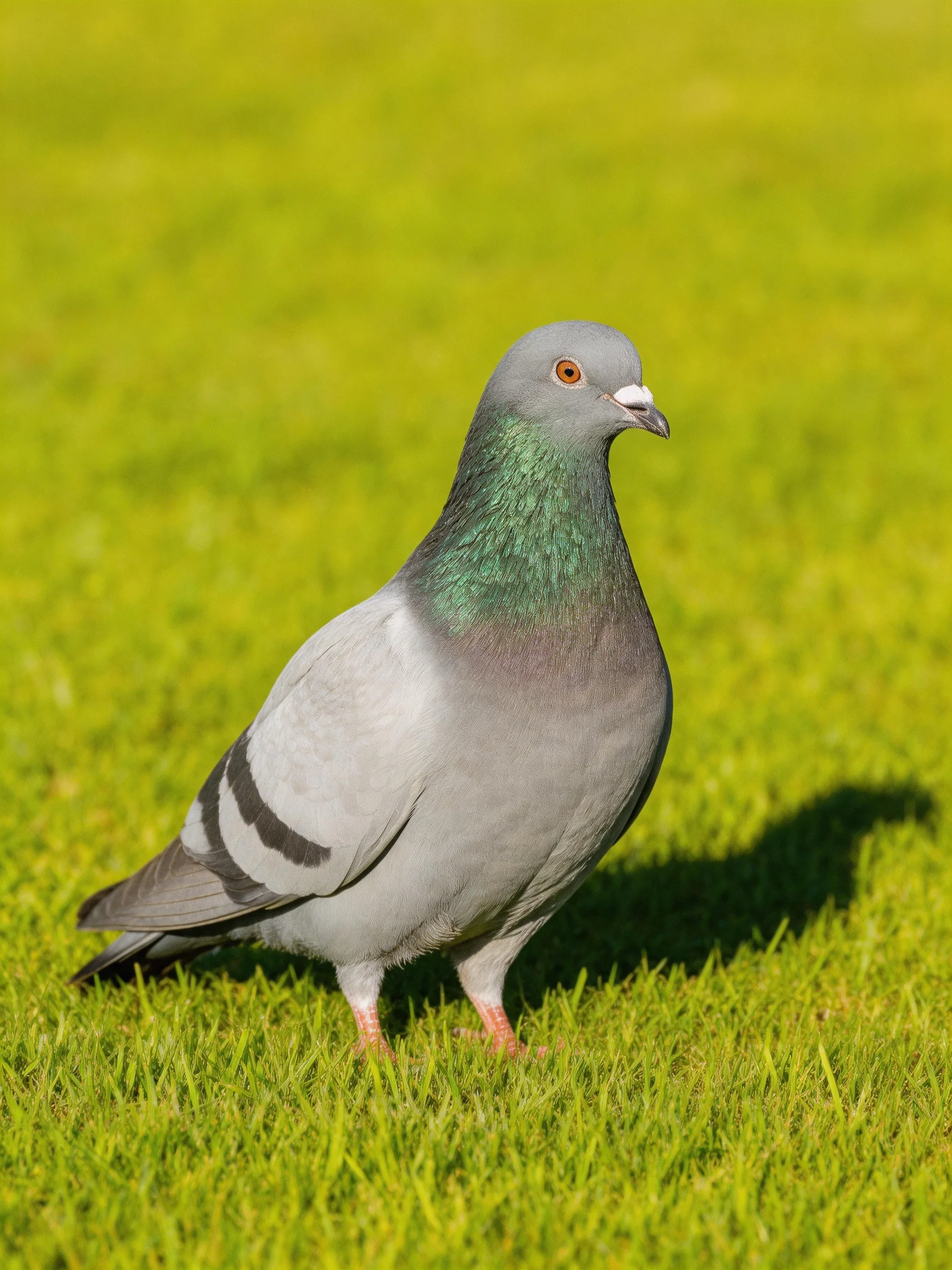 A pigeon with gray and green plumage stands on lush grass.