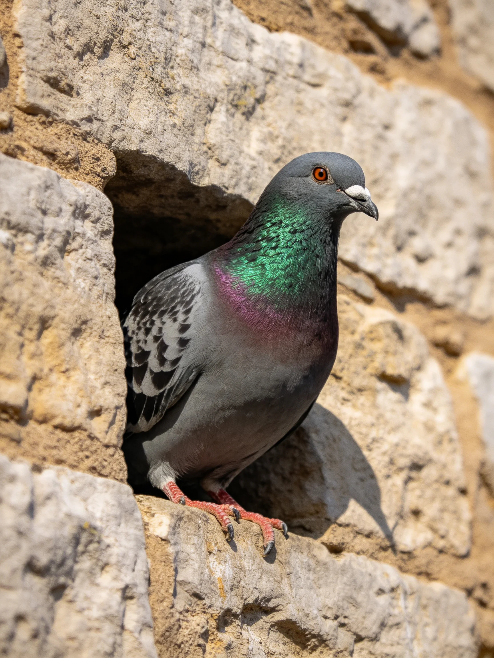 A gray and iridescent pigeon in a weathered stone wall crevice
