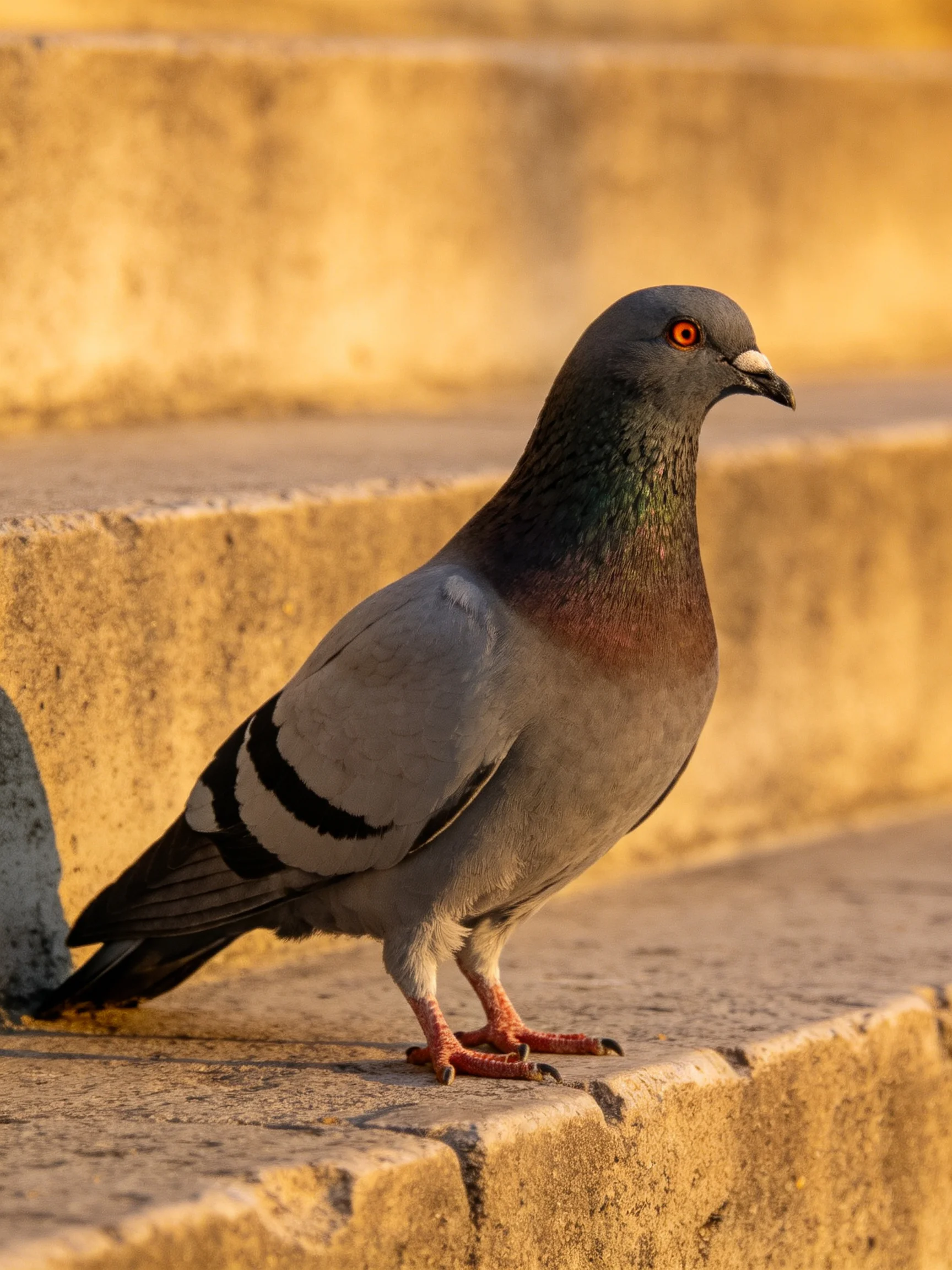 A gray and iridescent pigeon on weathered stone steps