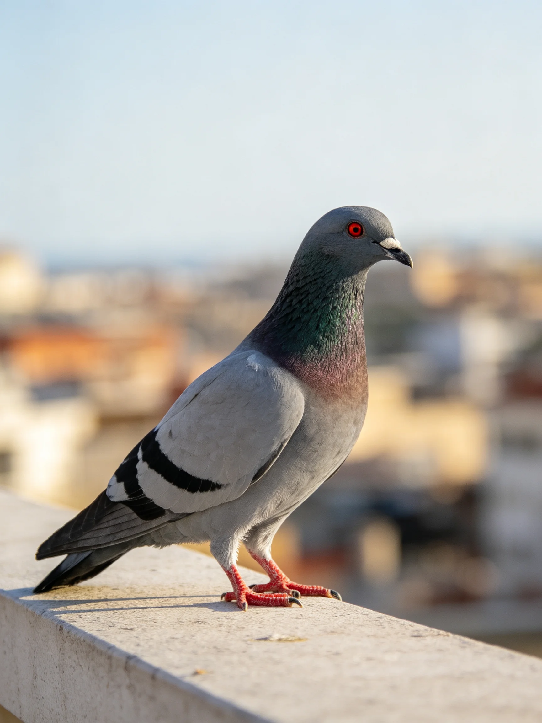 A gray and iridescent pigeon perched on a concrete ledge near buildings