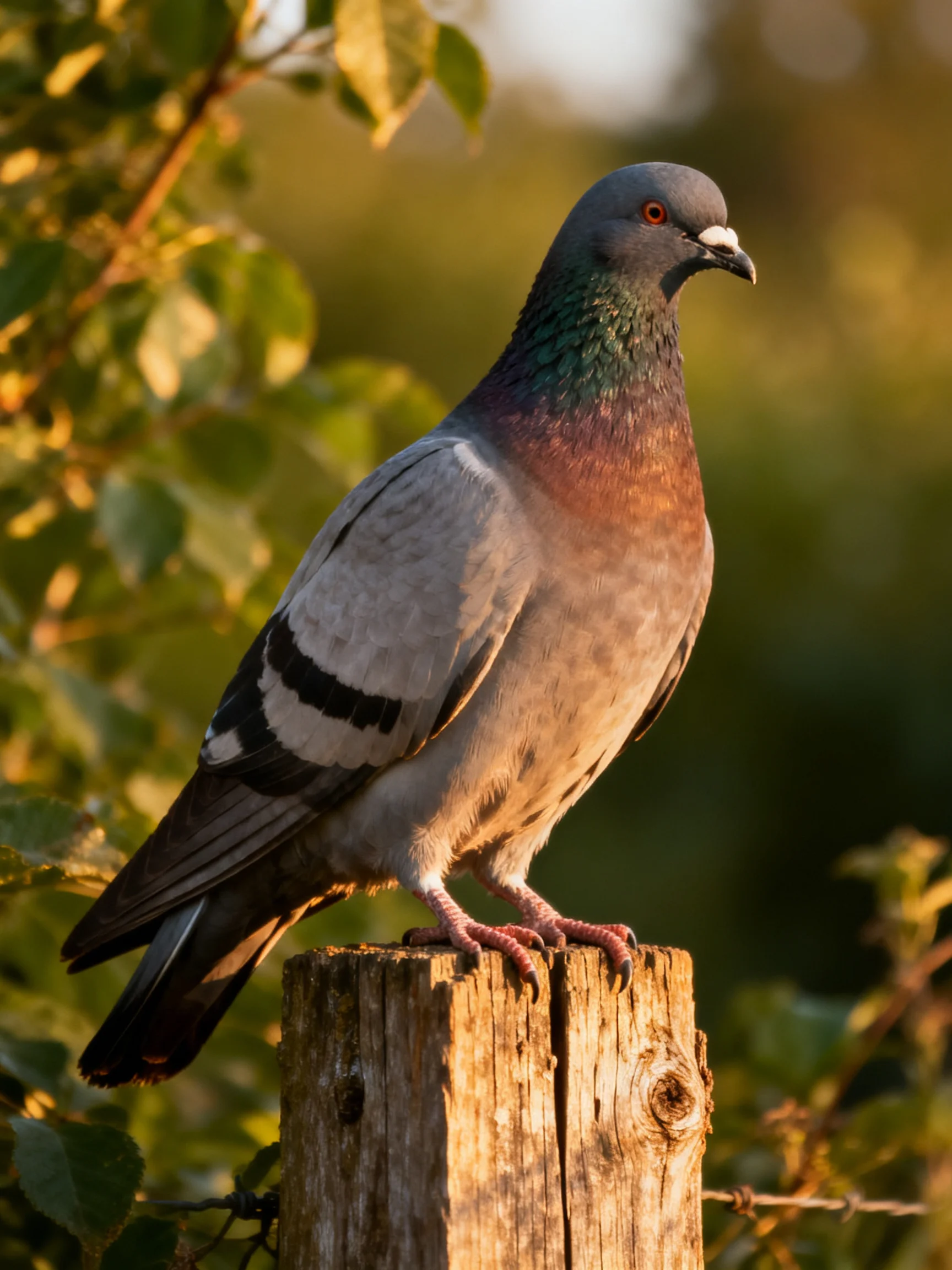 A pigeon with colorful plumage sits on a weathered wooden post.