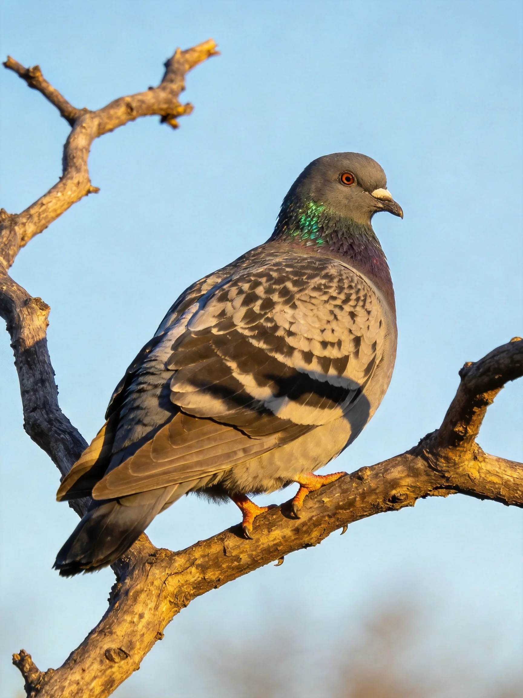 A gray and iridescent pigeon perches on a gnarled tree branch