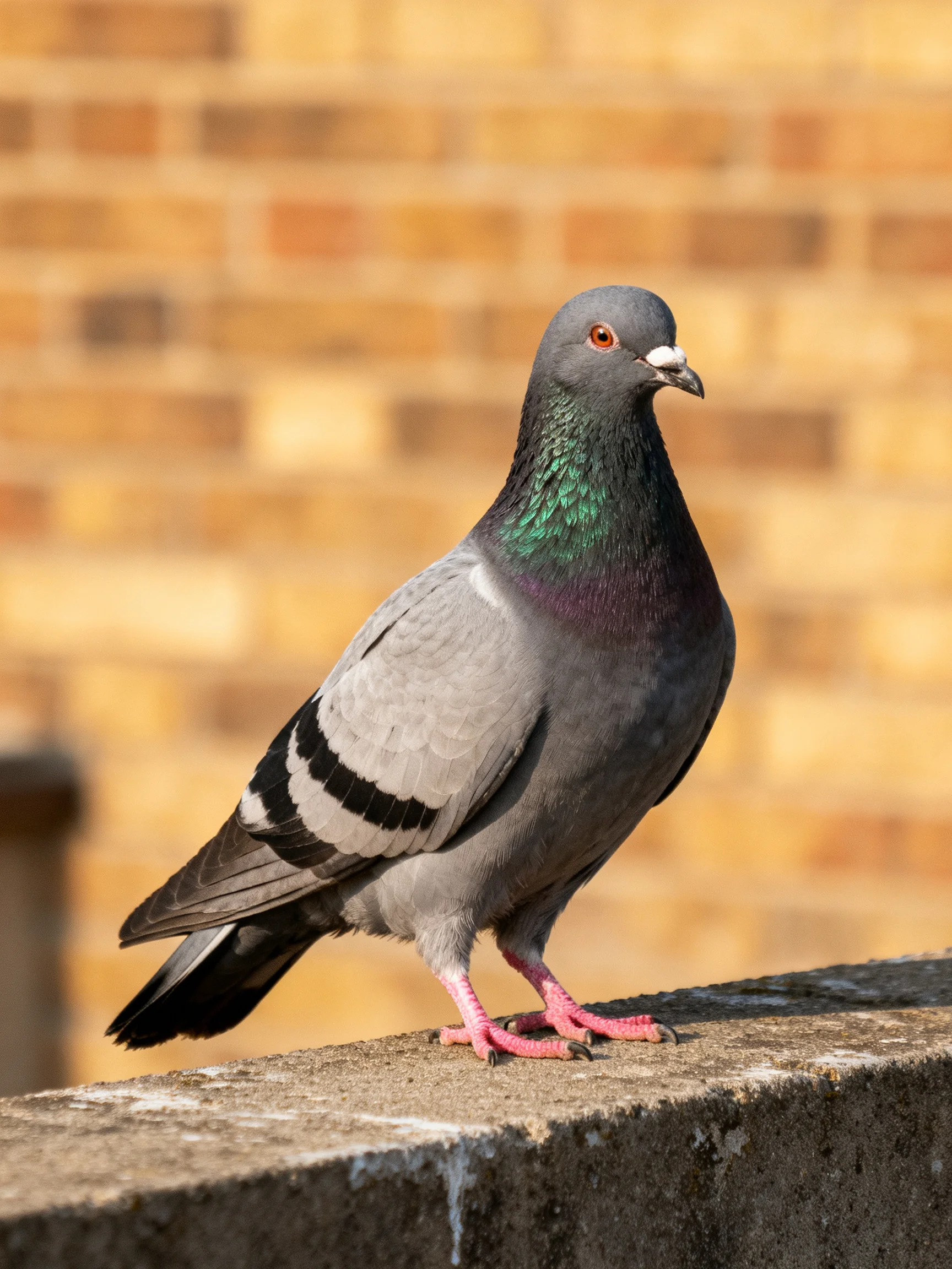 A gray and iridescent pigeon perches on a stone ledge by a brick wall