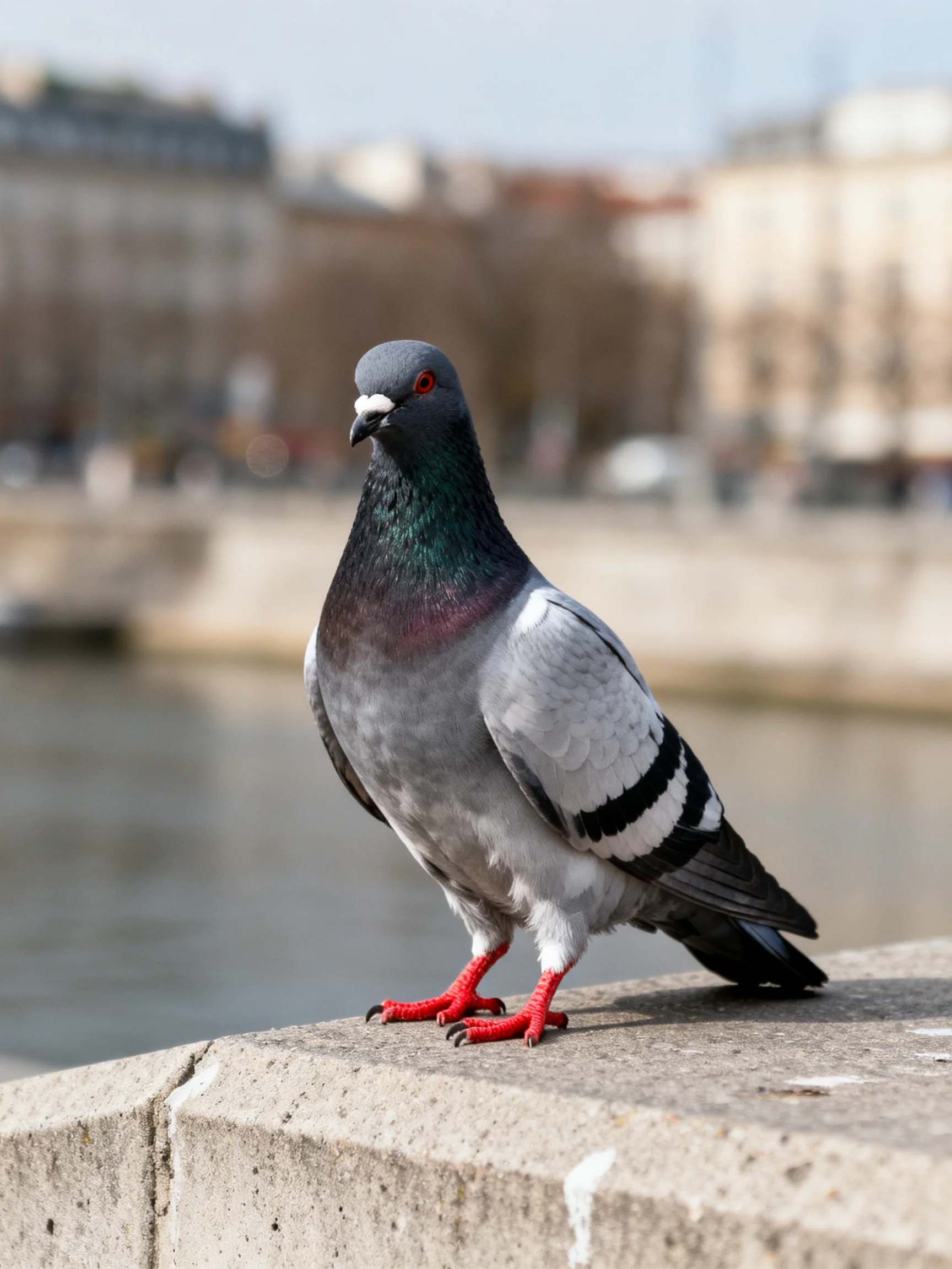 A gray and iridescent pigeon perches on a stone ledge by the water