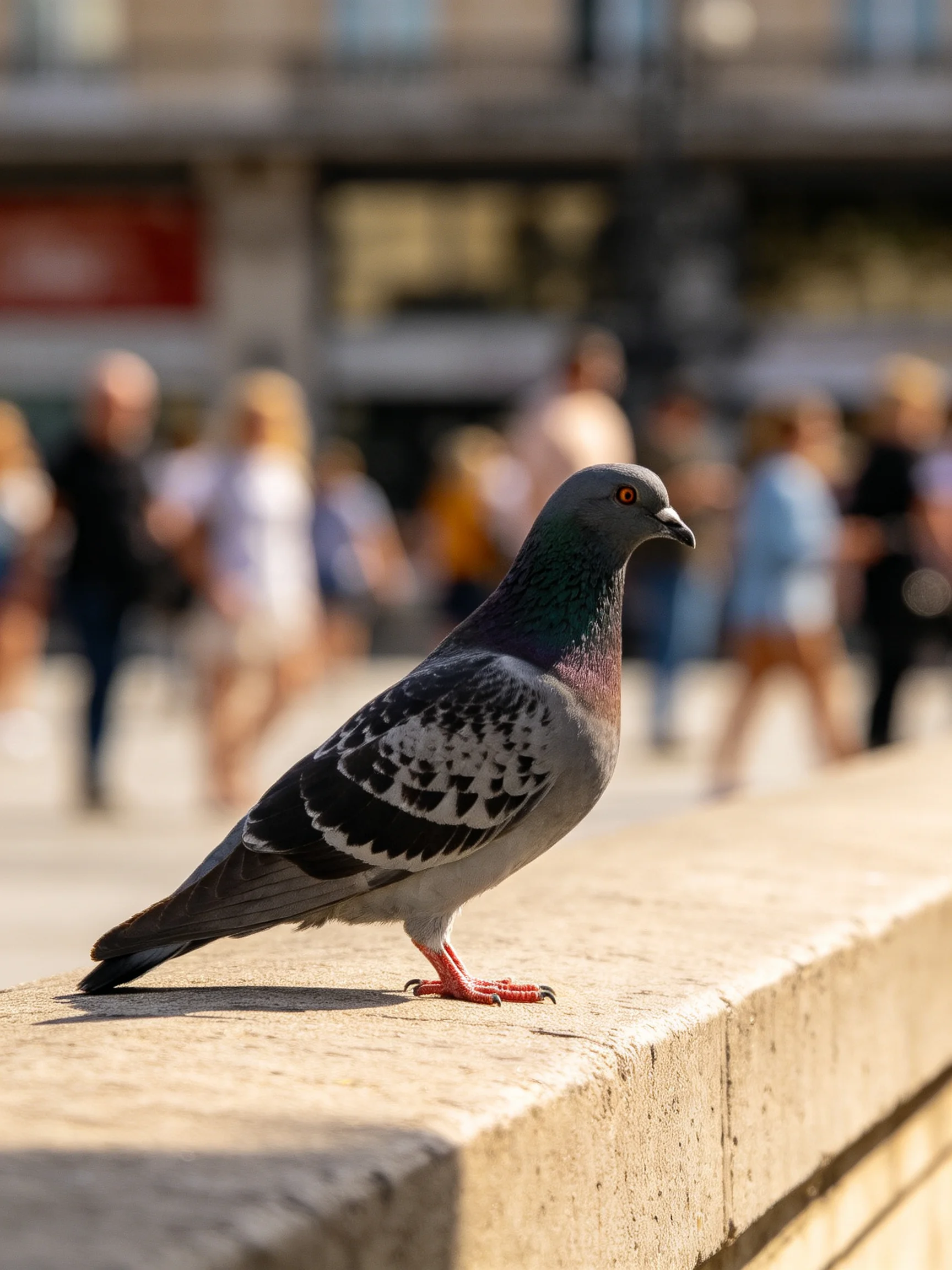 A gray and iridescent pigeon perches on a stone ledge with pedestrians