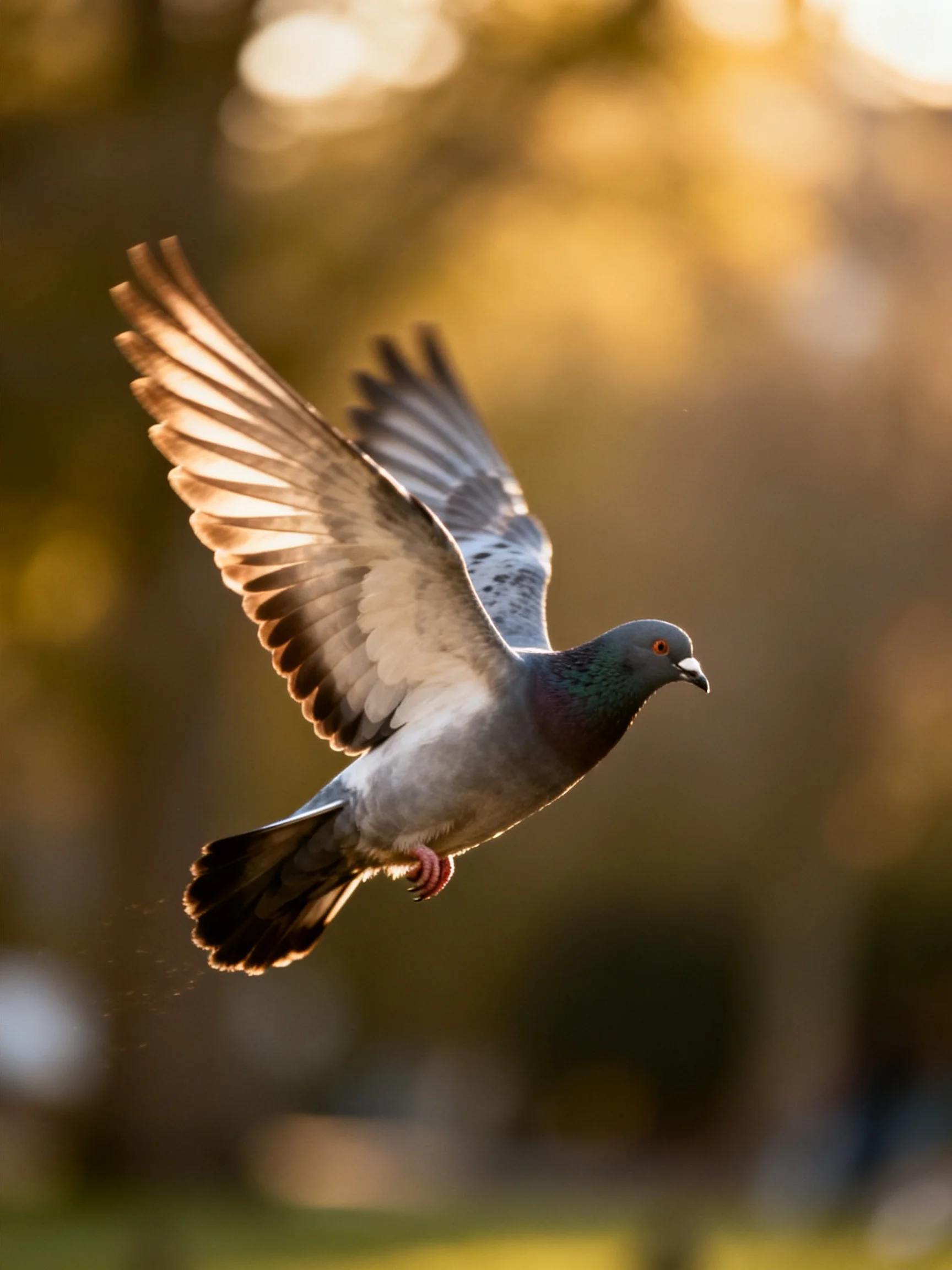 A gray and iridescent pigeon soaring in golden sunlight