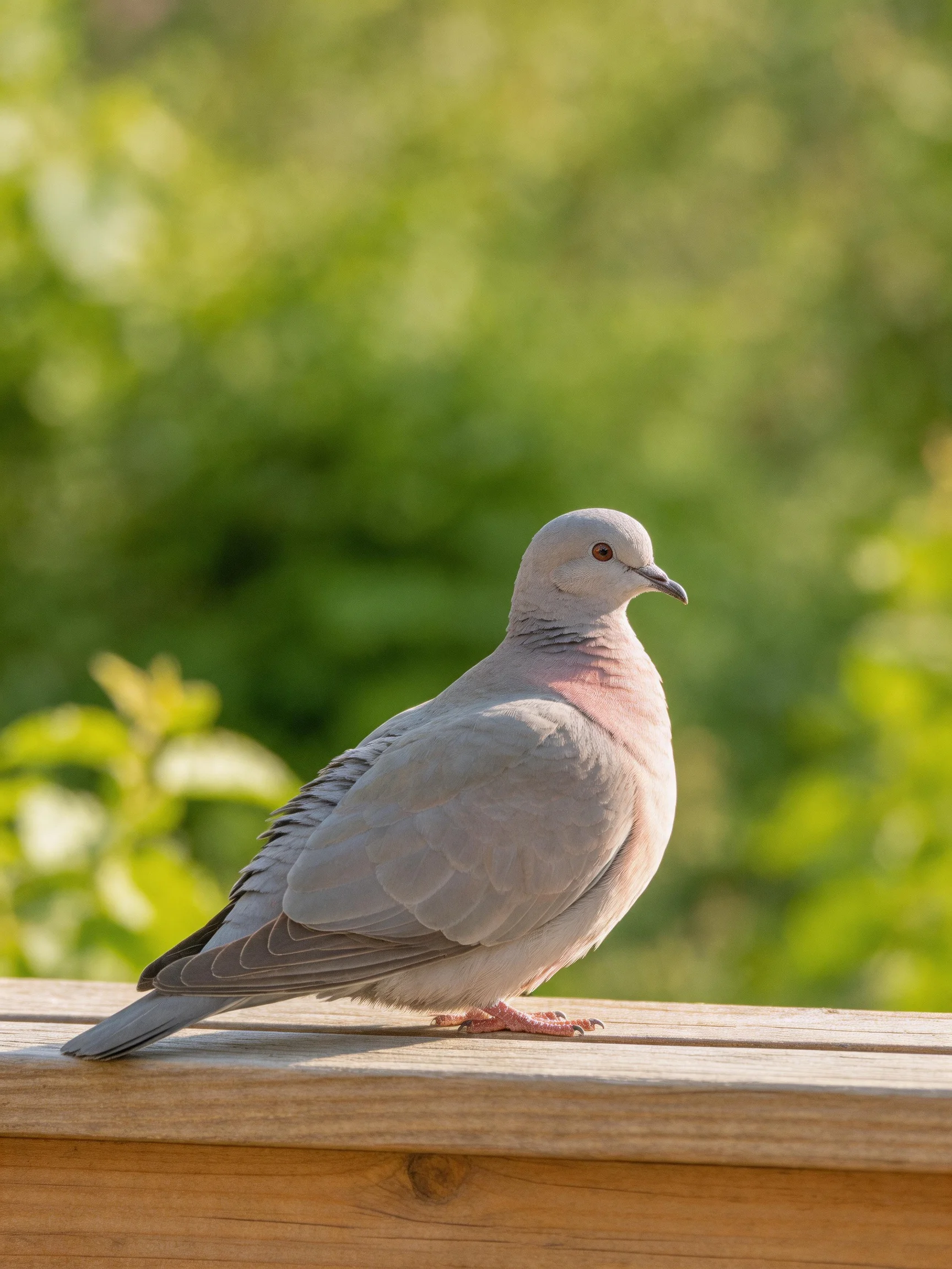 A gray and pink bird perched on a wooden railing with greenery