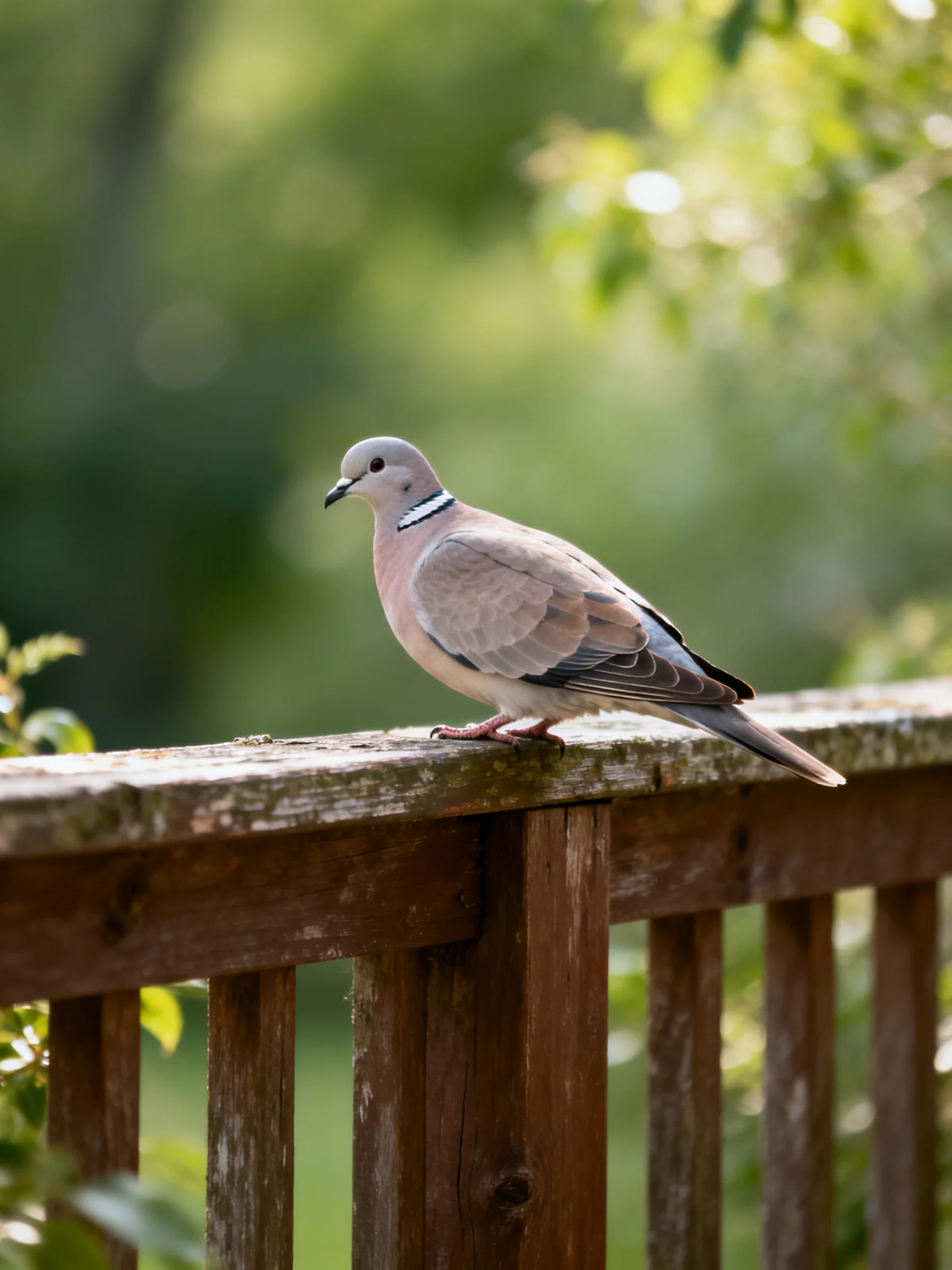 A gray and pink dove perched on an aged wooden railing