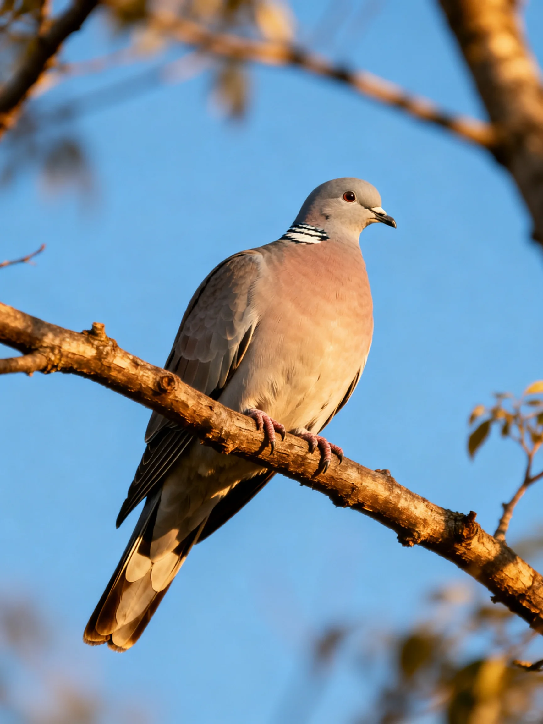 A gray and pink pigeon perched on a brown tree branch