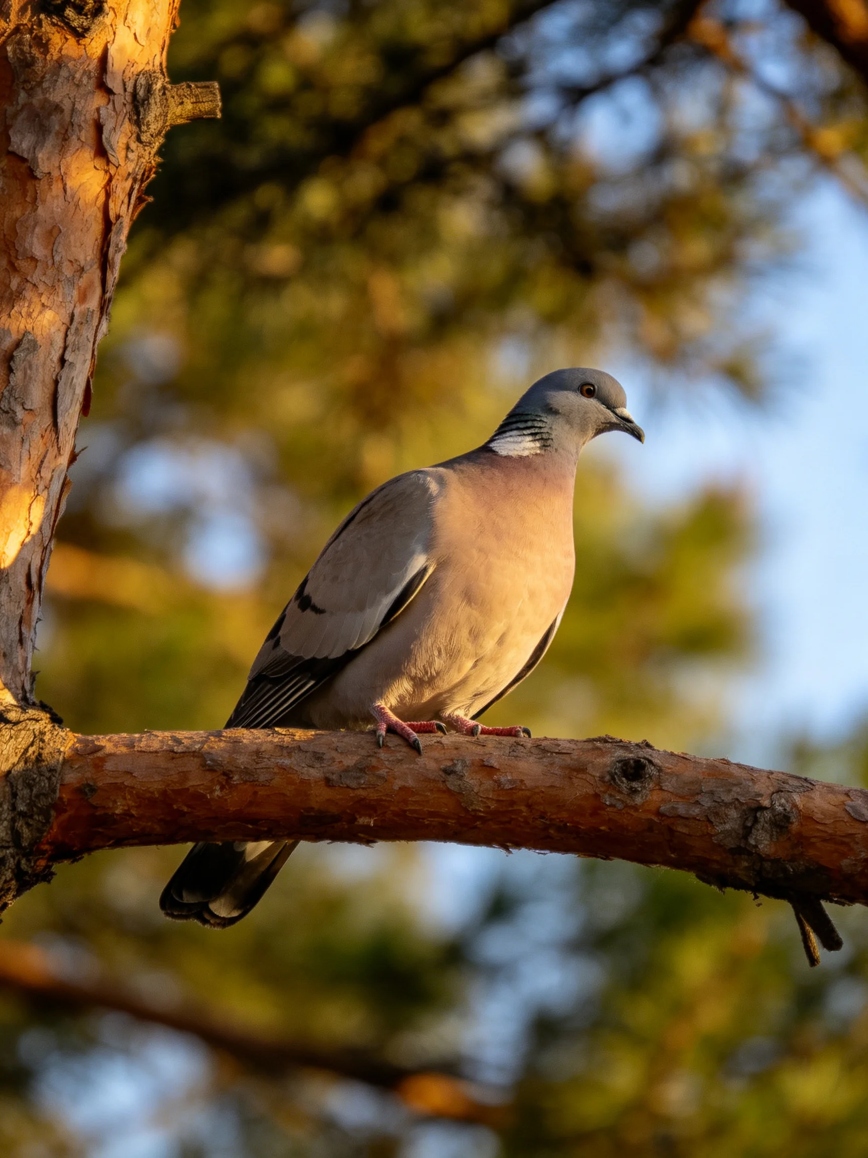A gray and pink pigeon perches on a brown tree branch amid trees.