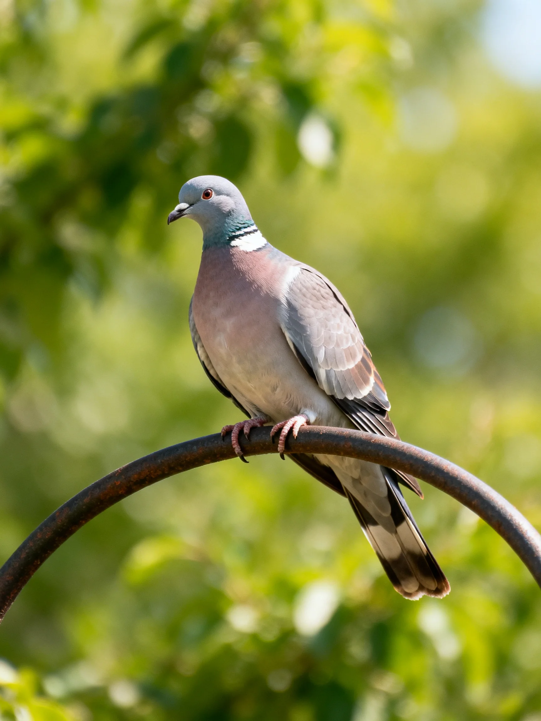 A gray and pink pigeon sits on a metal bar with green foliage in the background.