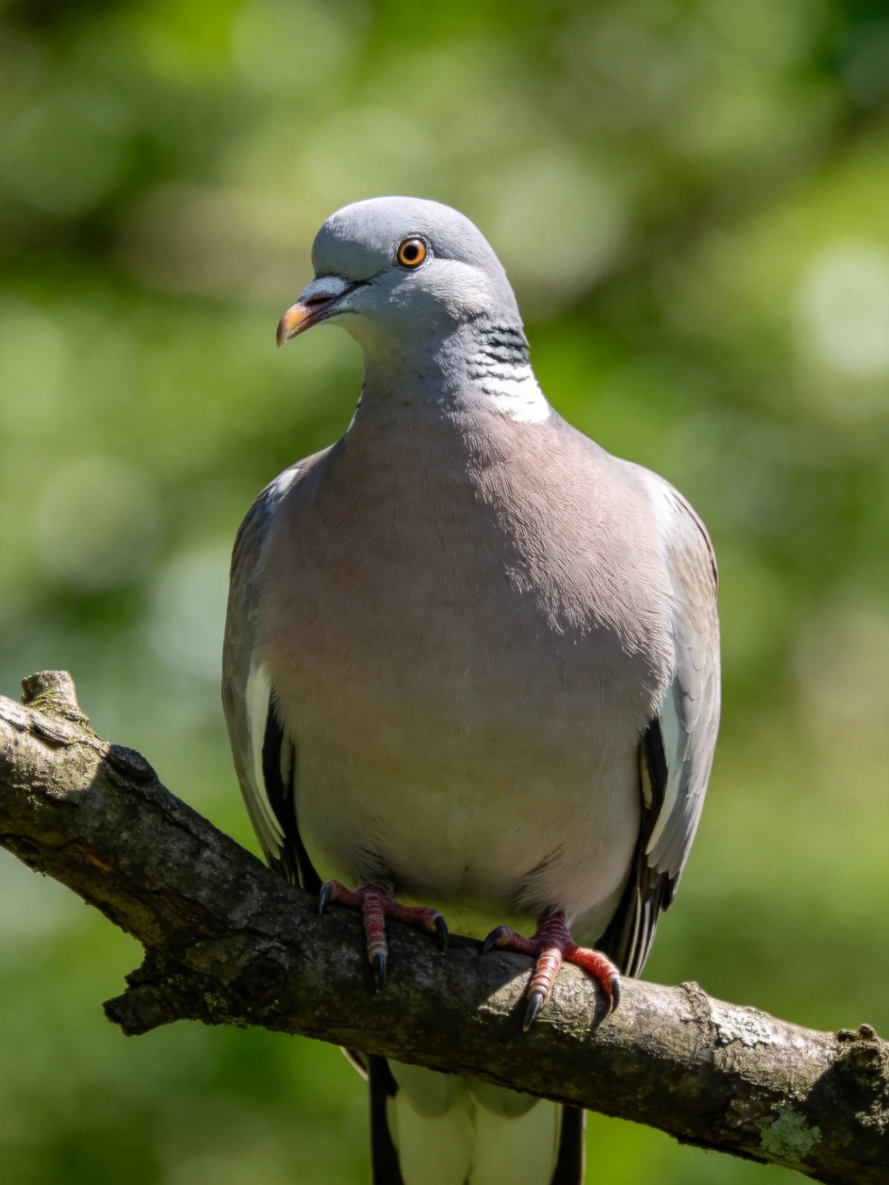 A gray and pink pigeon rests on a tree branch among green foliage.