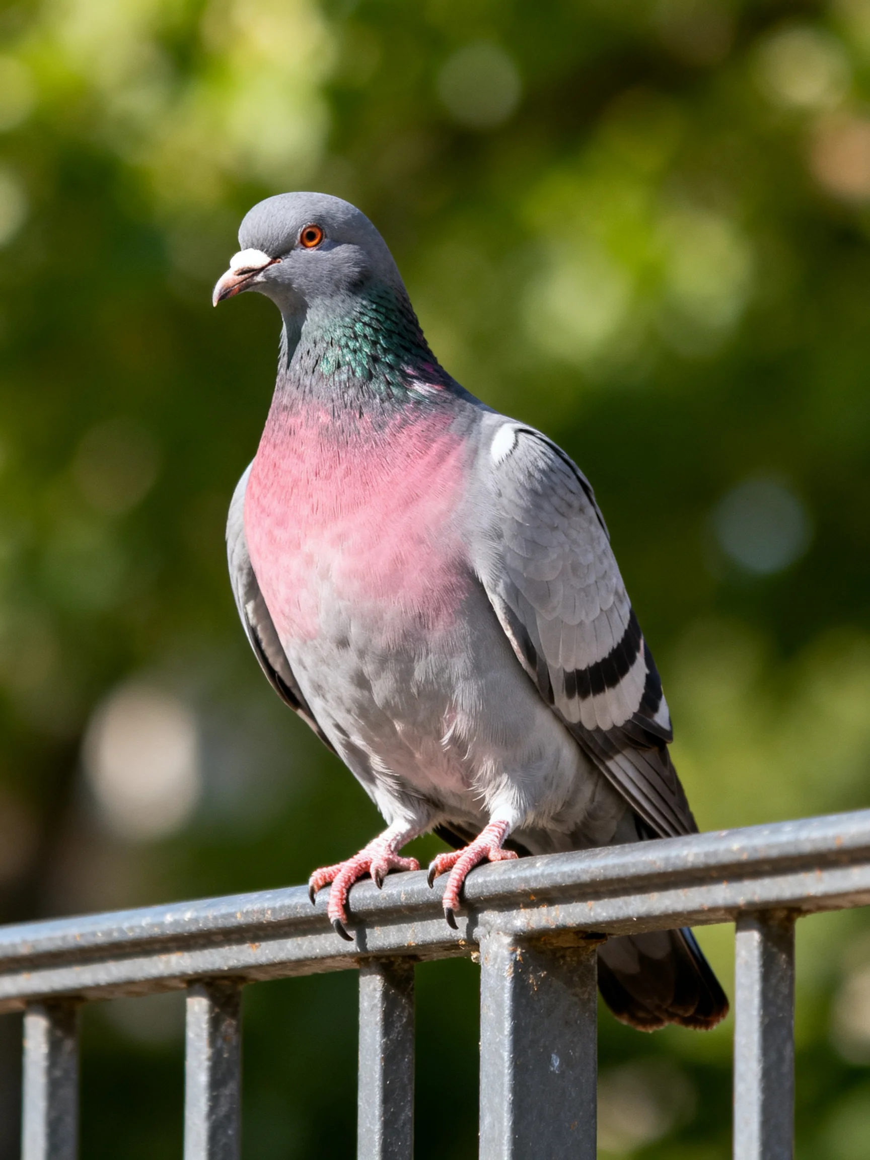 A gray and pink pigeon rests on a metal railing amid a blurred green backdrop.