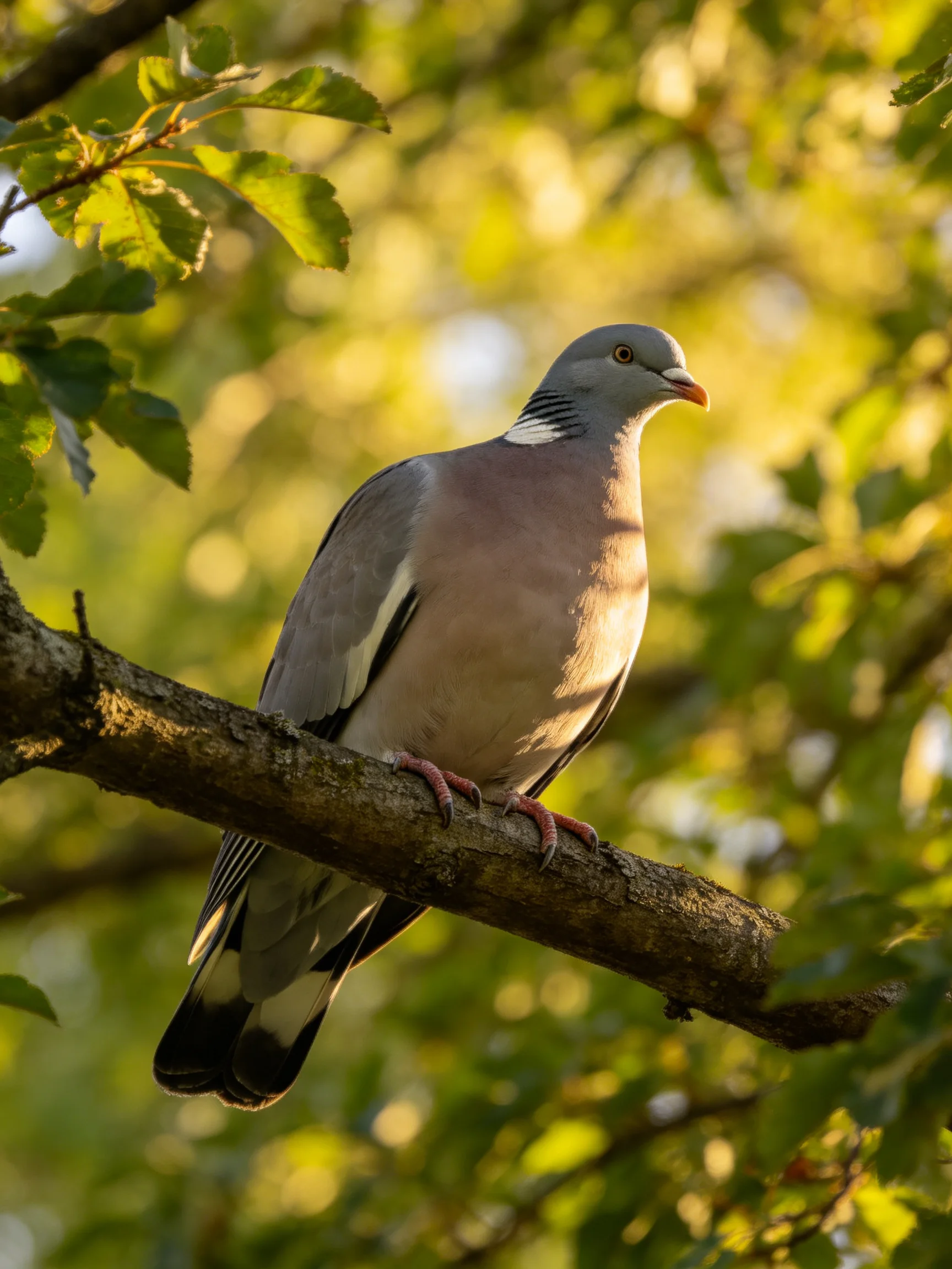 A gray and pink pigeon rests on a tree branch amid green foliage.
