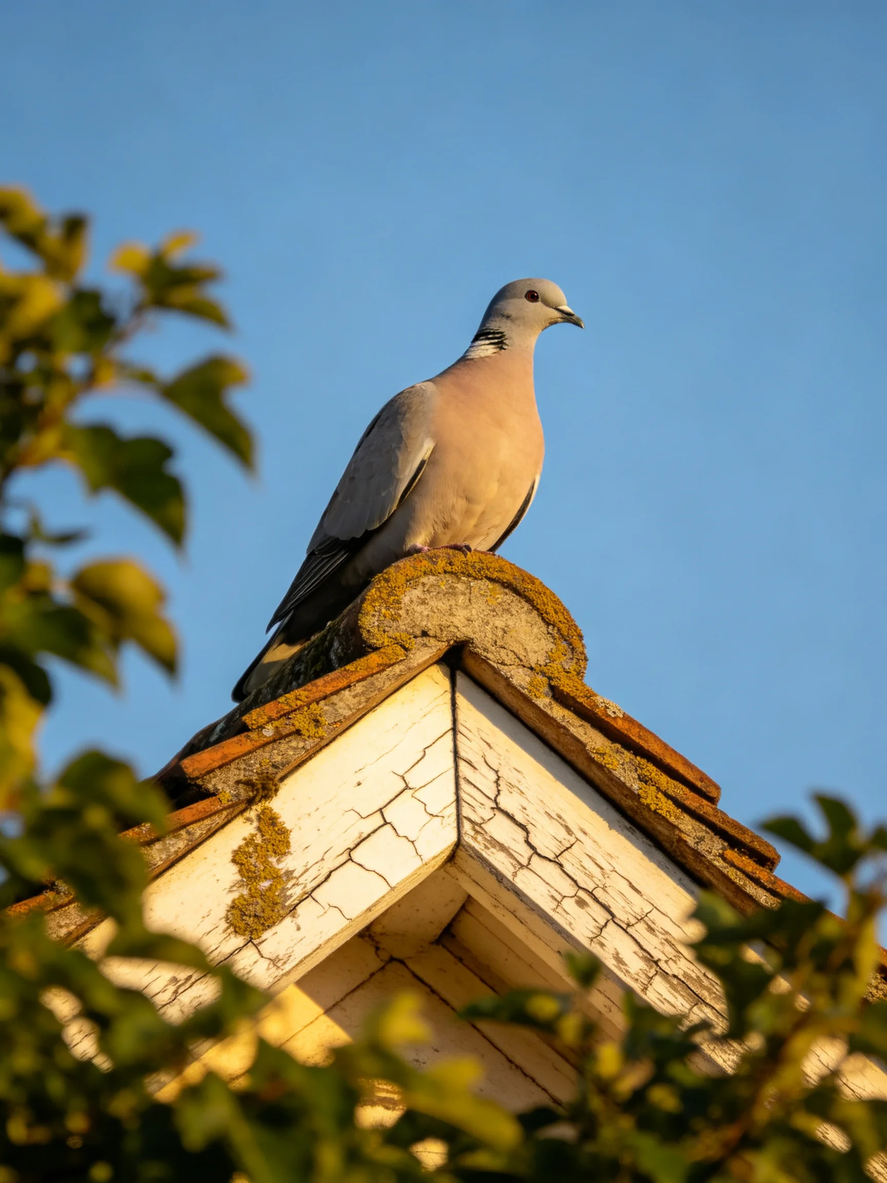 A pigeon rests on an old, mossy roof under a clear blue sky.