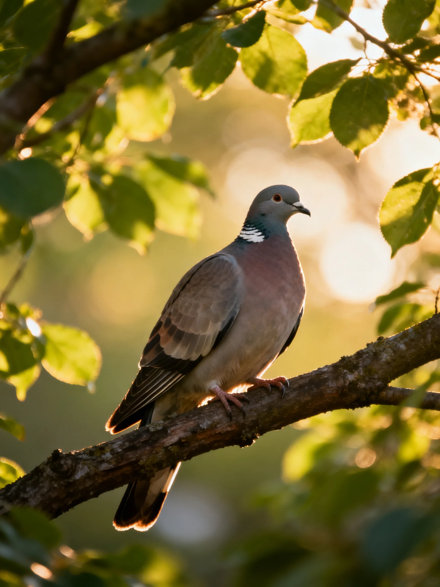 A gray and pink pigeon perches on a brown tree branch amid green foliage