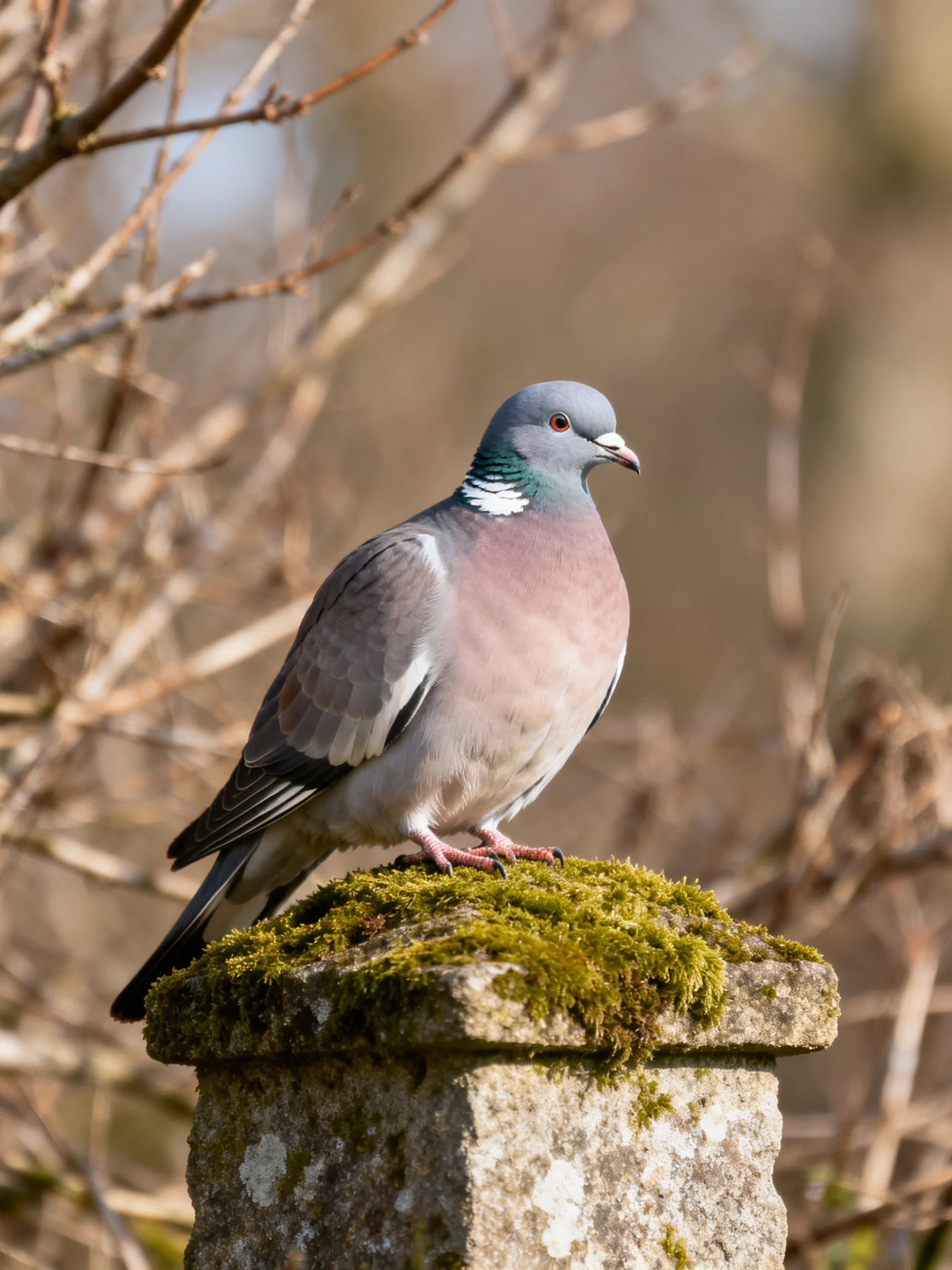 A gray and pink pigeon perches on a moss-covered stone post