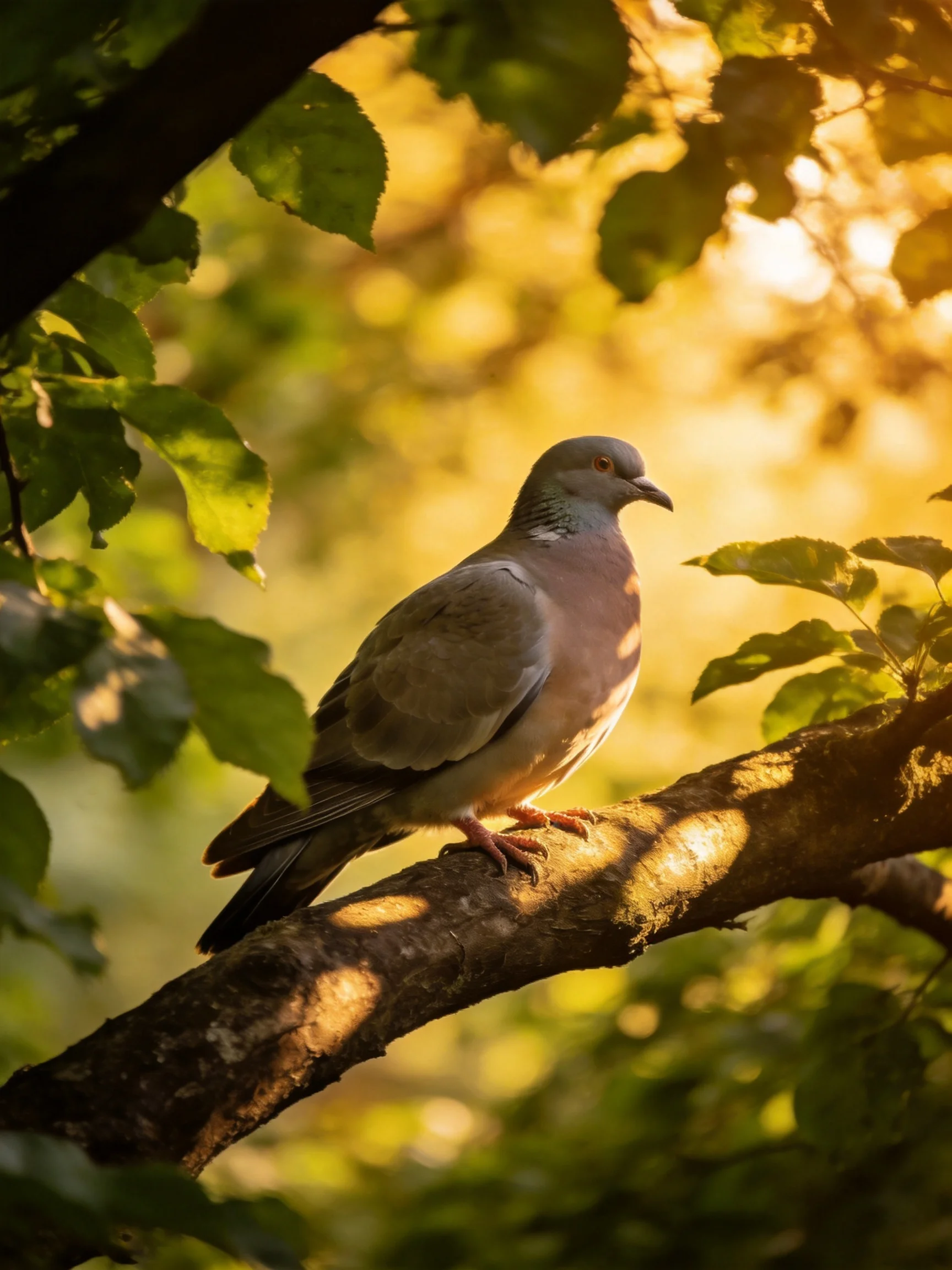 A gray and pink pigeon perches on a sunlit tree branch