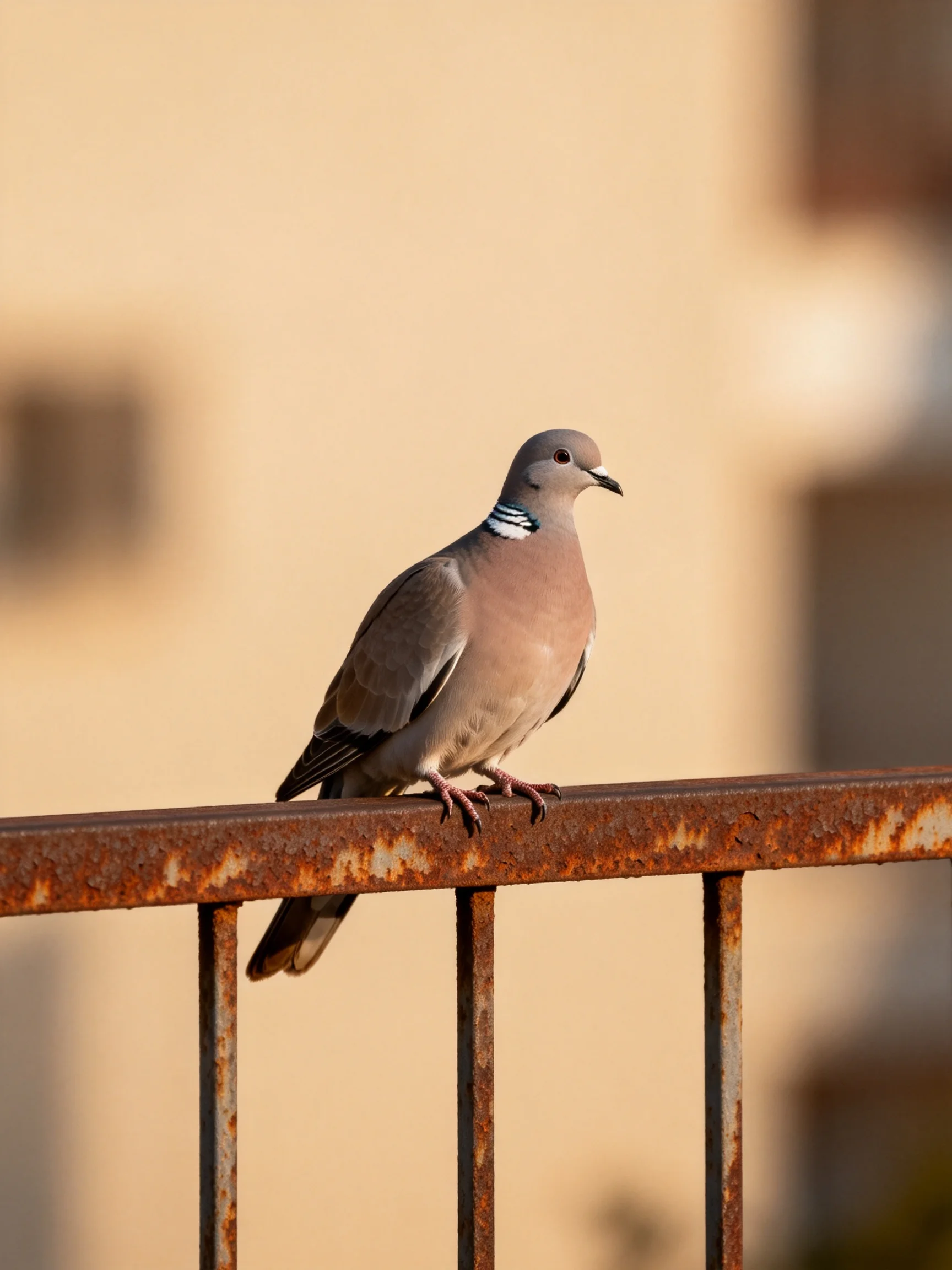 A pigeon rests on a rusted railing near a beige building.