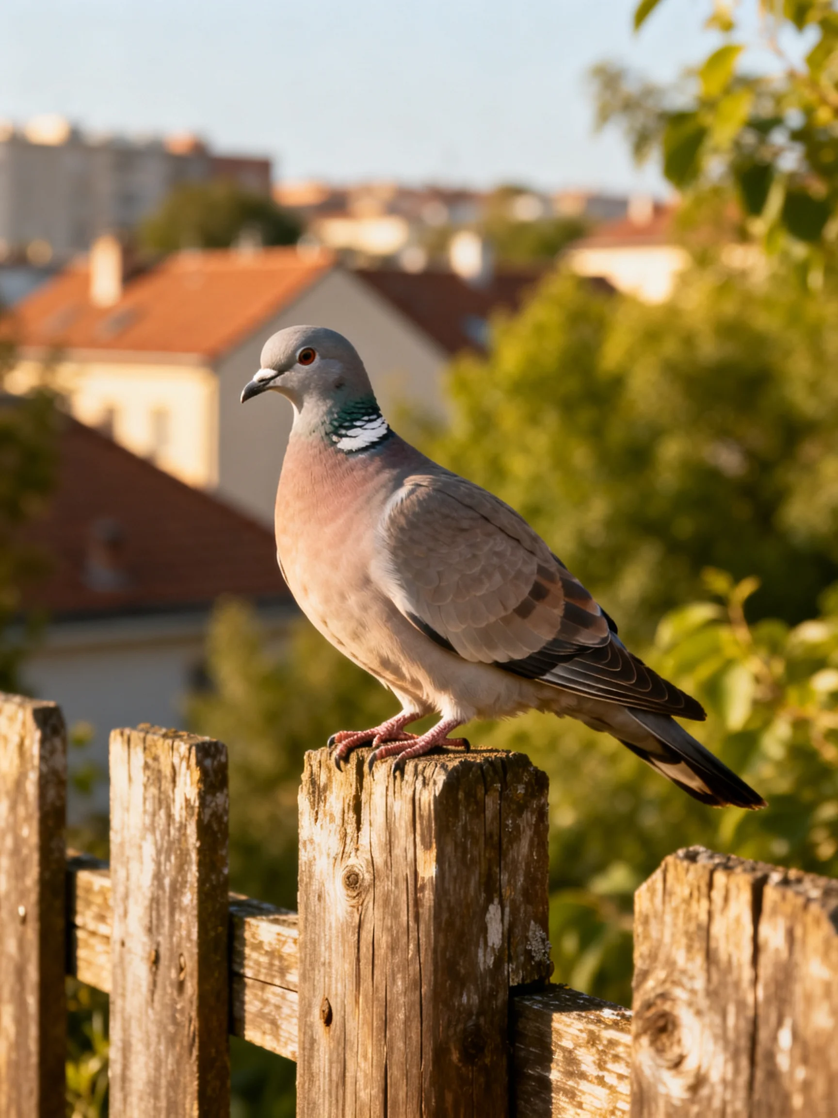 A gray and pink pigeon perches on a weathered wooden fence post near rooftops.